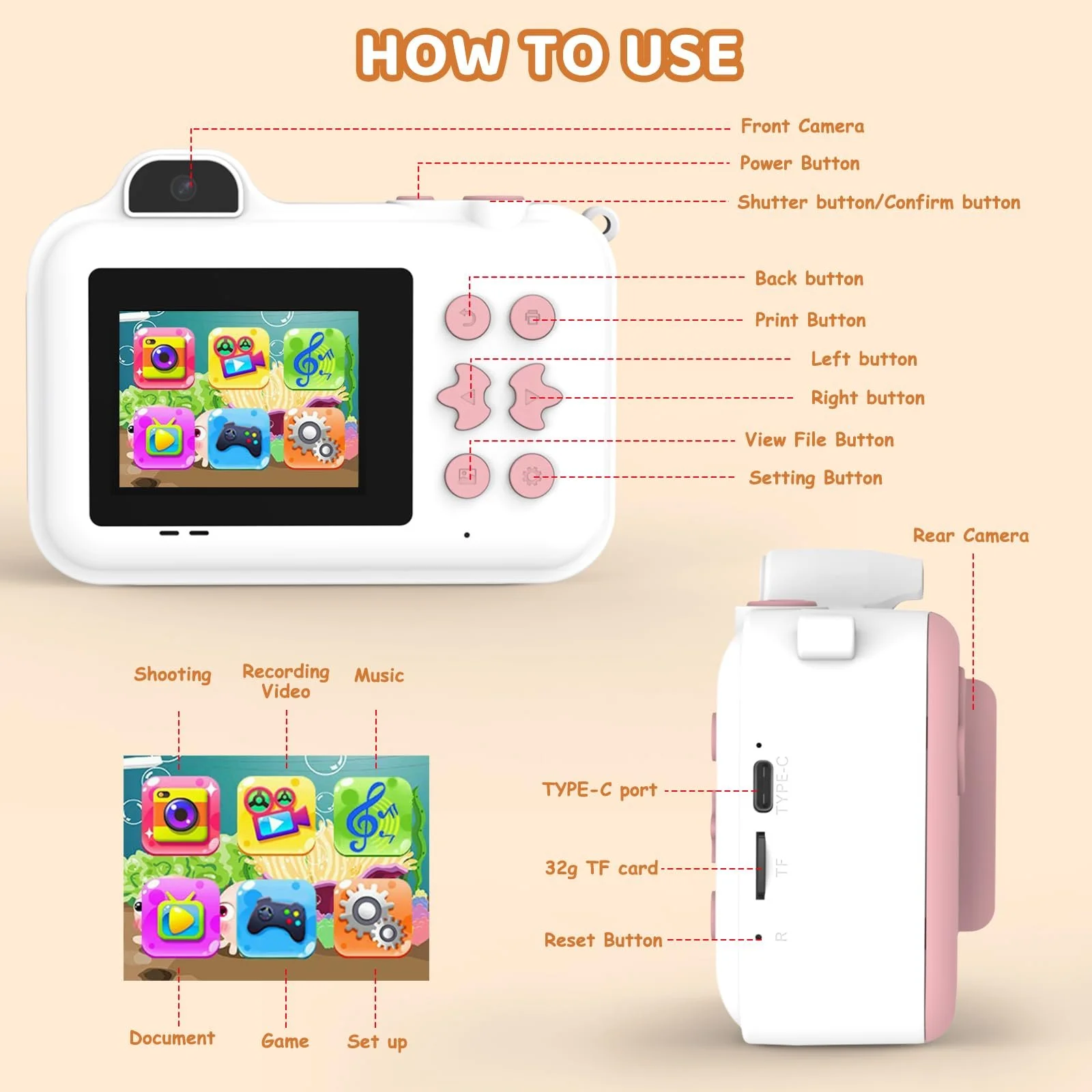 Детская камера мгновенной печати 1080P HD цифровая с 5 рулонами бумаги и картой 32GB, фото №7