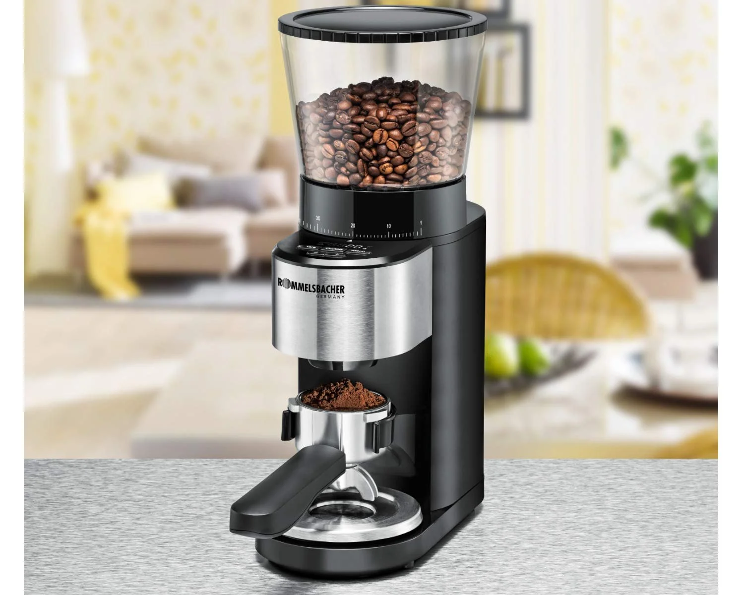 Кофемолка коническая Rommelsbacher EKM 500 с прецизионными весами, держателем для портафильтра, 39 уровнями помола и 5 функциональными клавишами, фото №4 Кофемолка коническая Rommelsbacher EKM 500 с прецизионными весами, держателем для портафильтра, 39 уровнями помола и 5 функциональными клавишами, фото №4