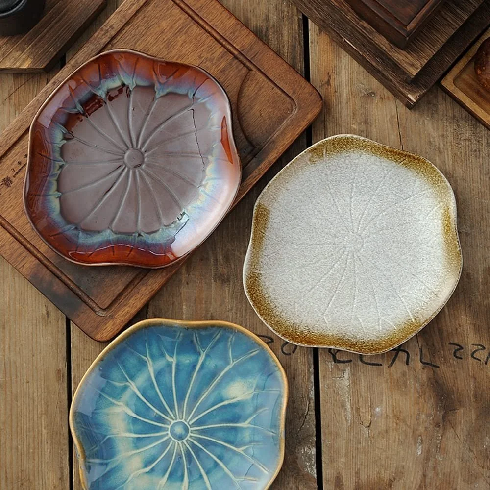 Керамічна тарілка для салату та десертів у формі листка лотоса 20,5x19x2,5 см антикварний стиль, фото №4 Керамічна тарілка для салату та десертів у формі листка лотоса 20,5x19x2,5 см антикварний стиль, фото №4