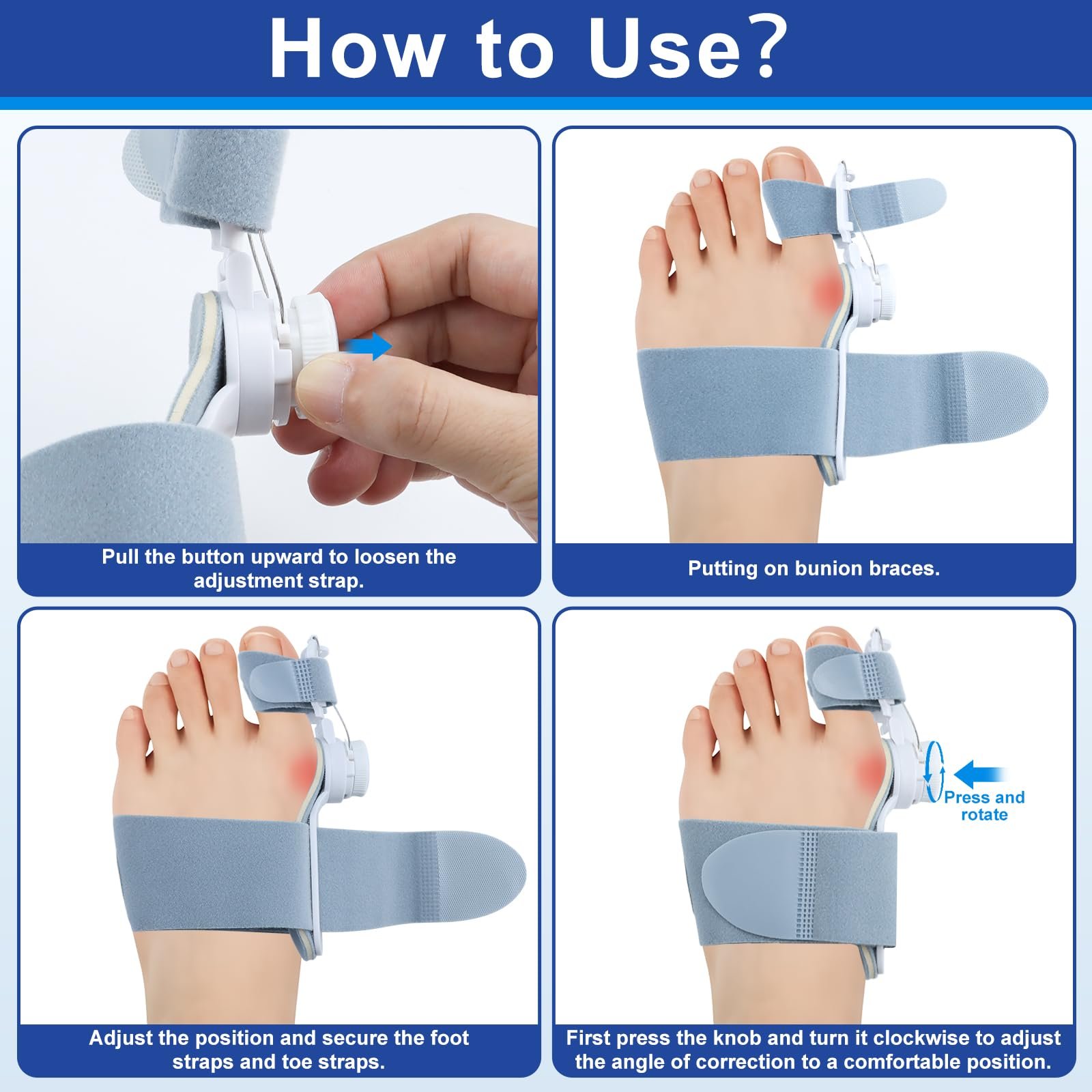 Регульований набір для корекції Hallux Valgus з шиною для великого пальця ноги, силіконовим роздільником для пальців ніг та тренувальною стрічкою, унісекс для лівої/правої ноги, фото №7