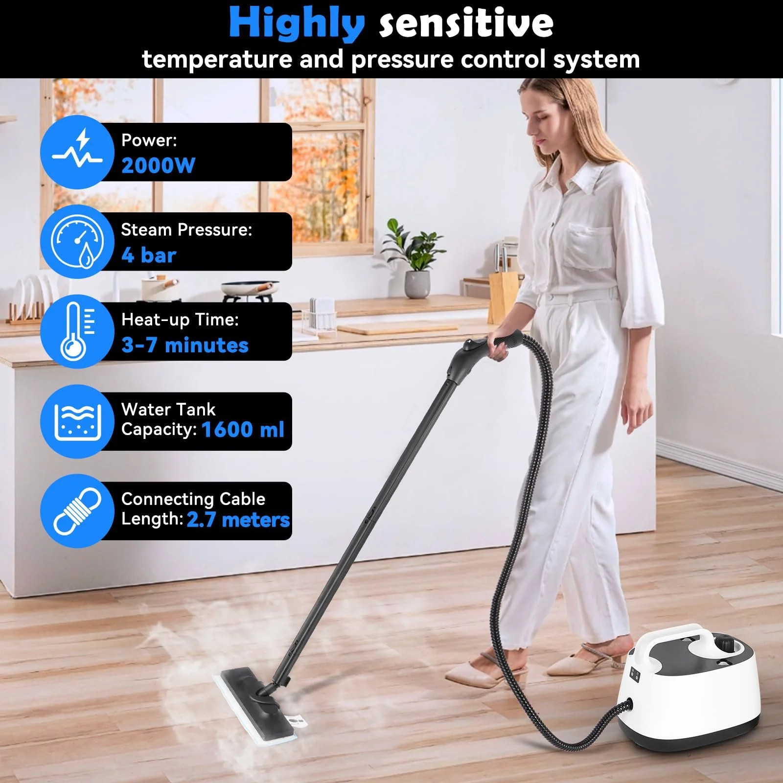 Пароочисник для підлоги 2000 Вт 1600 мл 4 бар з 15 аксесуарами, фото №2 Пароочисник для підлоги 2000 Вт 1600 мл 4 бар з 15 аксесуарами, фото №2