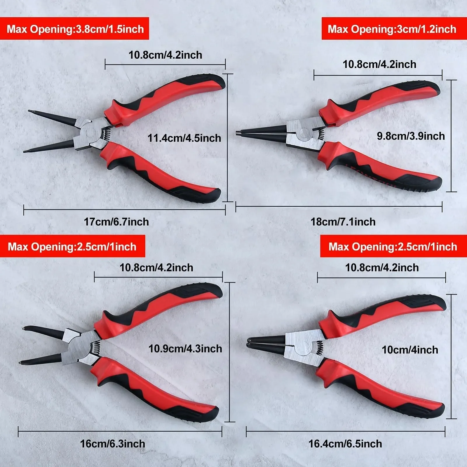 Набор плоскогубцев для стопорных колец LEONTOOL, 7 дюймов, внутренние/наружные, прямые и изогнутые губки, диаметр наконечника 0,08 дюйма, фото №5 Набор плоскогубцев для стопорных колец LEONTOOL, 7 дюймов, внутренние/наружные, прямые и изогнутые губки, диаметр наконечника 0,08 дюйма, фото №5