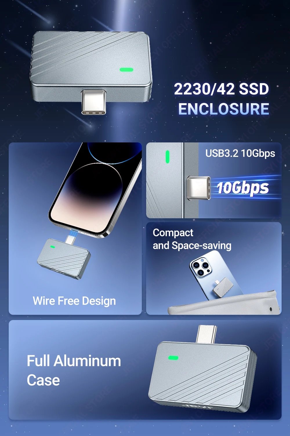 Зовнішній адаптер JEYI 2230L M.2 NVMe 2230 PCIe SSD to USB 3.2 Gray, фото №7