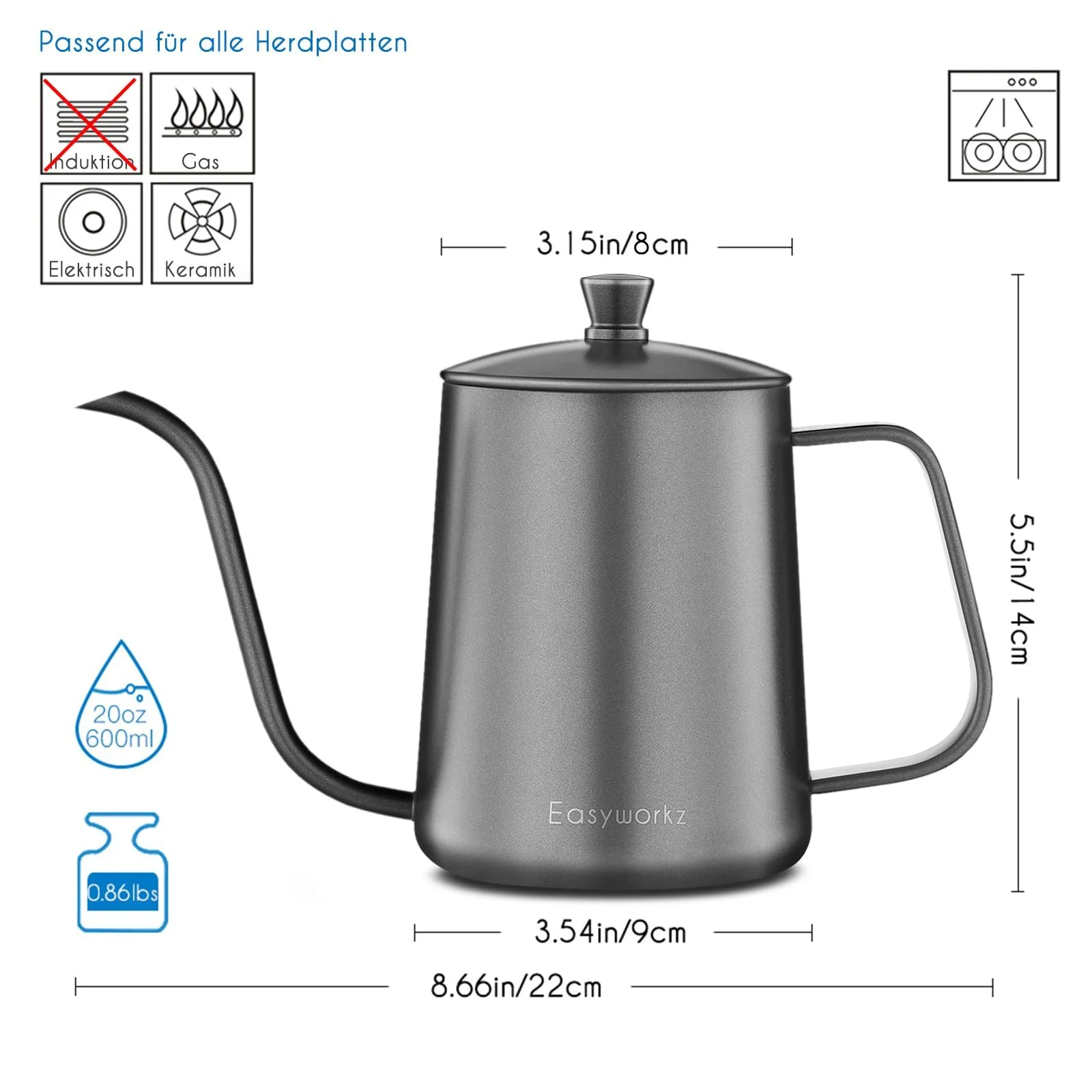 Чайник для заварювання кави з носиком гусяча шия Easyworkz Gage, 600 мл, нержавіюча сталь, з довгим носиком, фото №3