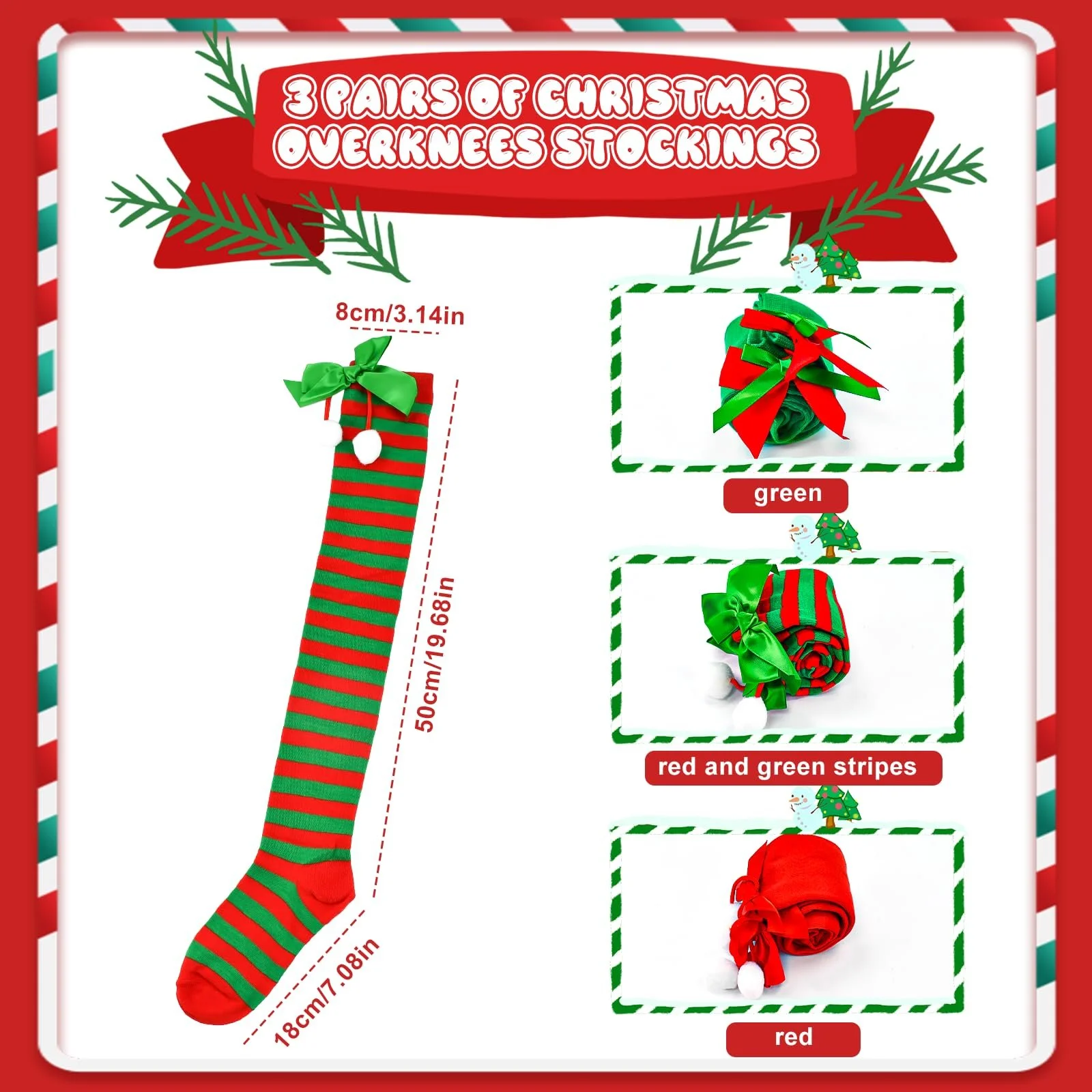 Жіночі гольфи Різдвяні в смужку (3 пари) для косплею, червоні, фото №2