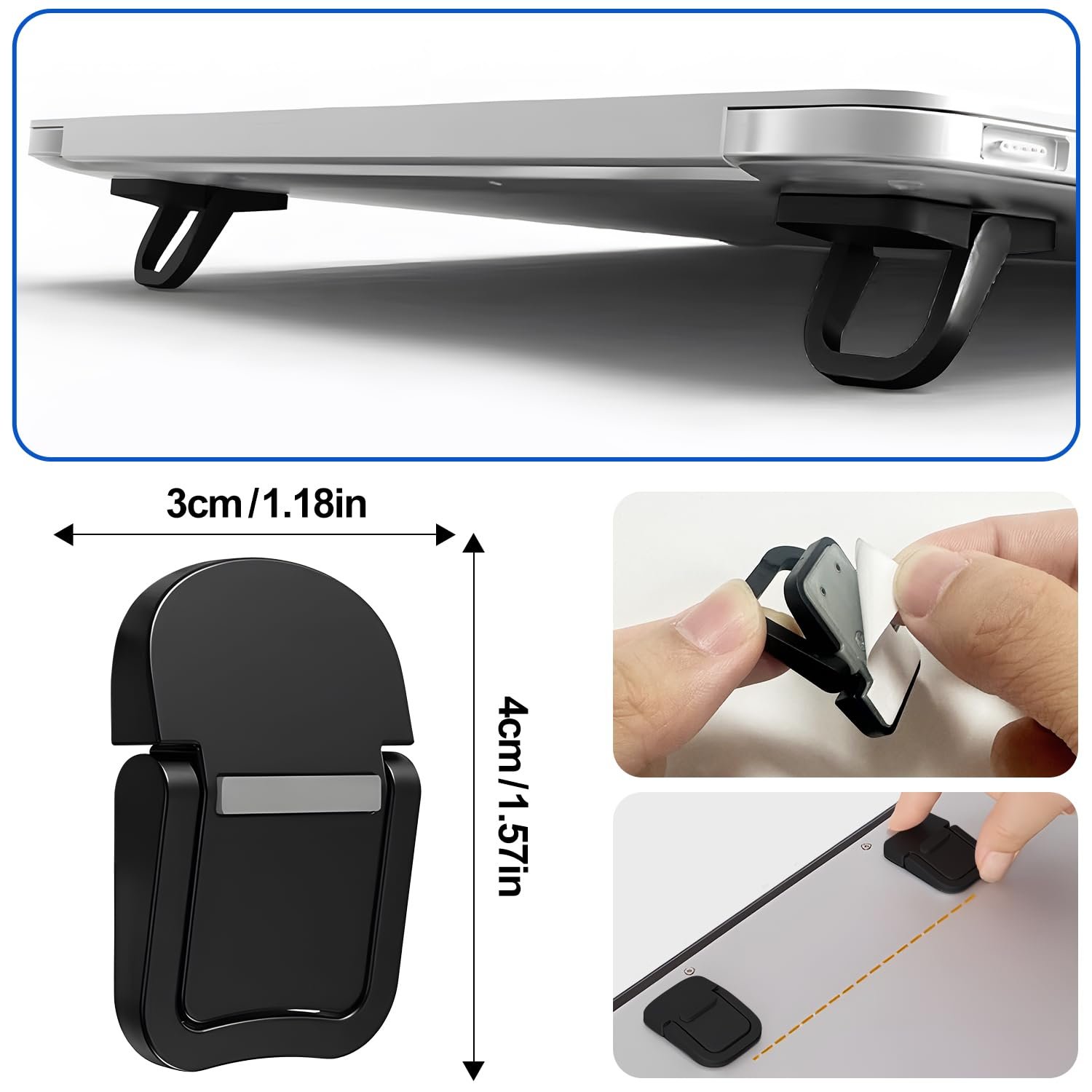 Подставка для клавиатуры портативная, 2 шт, складные ножки для ноутбука с нескользящим силиконом, мини-подставка для ноутбука самоклеящаяся, невидимая подставка для компьютерной клавиатуры для стола (черный), фото №3