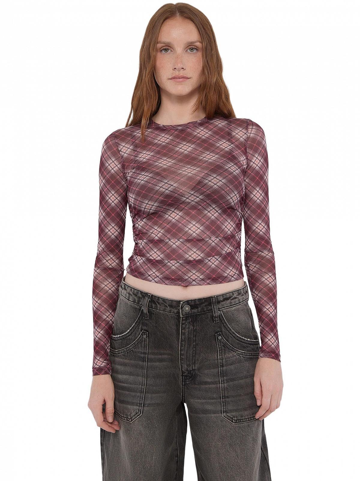 Женский Лонгслив Guess - Originals Printed Mesh Top - Бордовый в клетку - S, фото №1