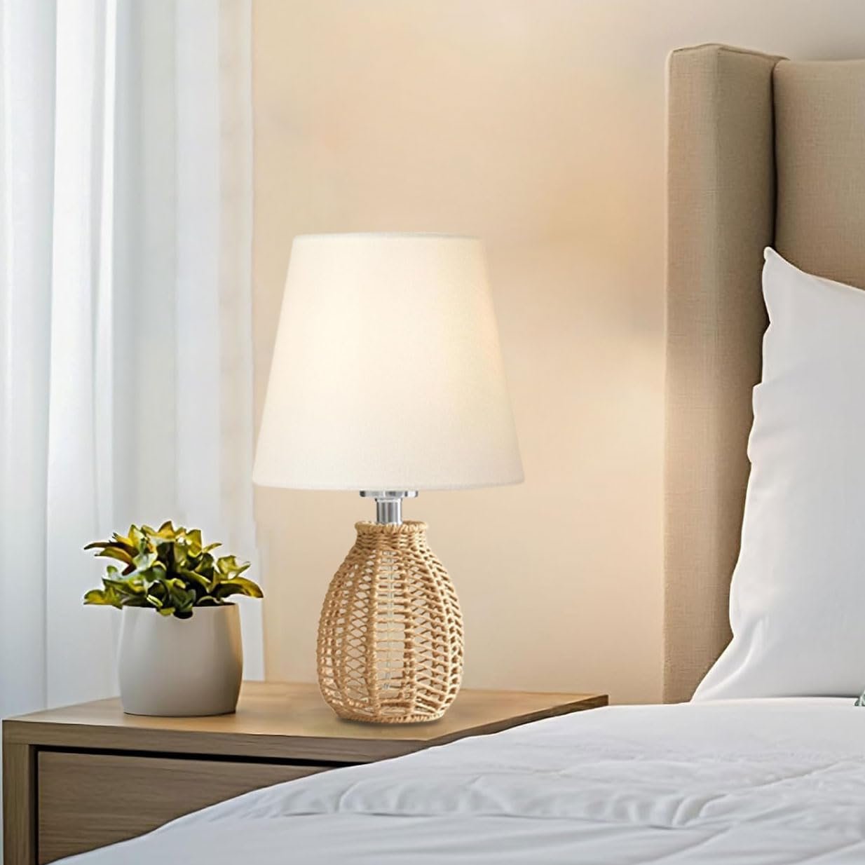 Настільна лампа White вінтажна, ротанг, тканинний абажур, Boho, Japandi, E27., фото №6