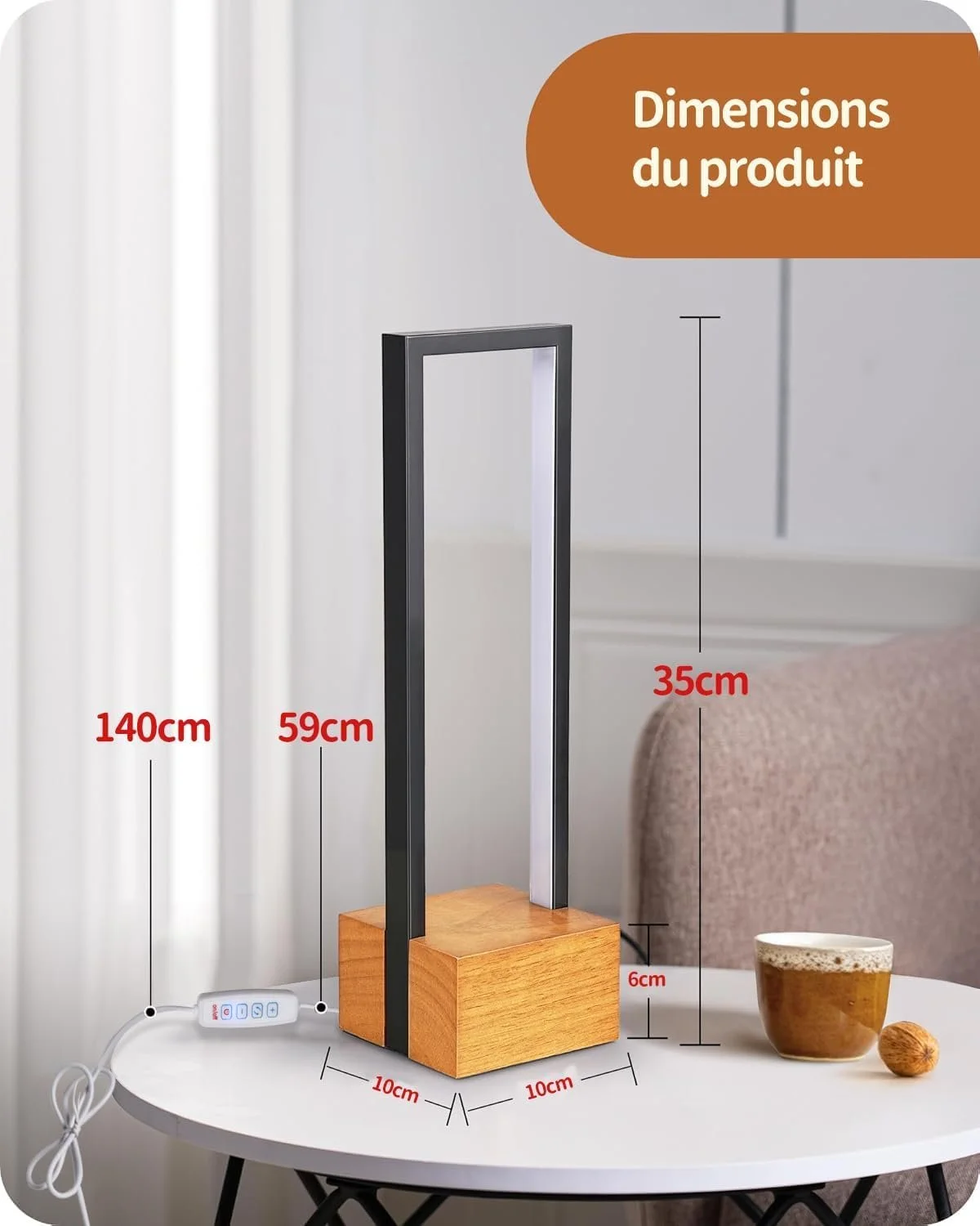 Настільна лампа himmel LED з регульованою яскравістю квадратна 3 колірні температури алюмінієва дерев'яна основа сенсорна Black, фото №6