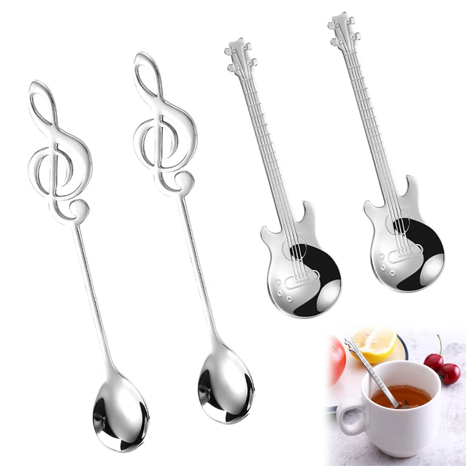 Набор кофейных ложек в форме гитары, 4 шт, гитара, нота, серебристый, фото №1