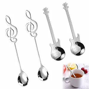 Набор кофейных ложек в форме гитары, 4 шт, гитара, нота, серебристый - Фото 1