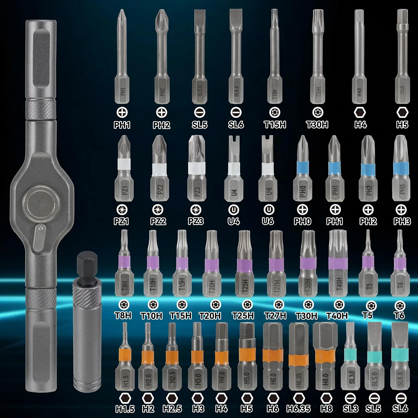 Набір магнітних реверсивних викруток 42-в-1 з Т-подібною ручкою та 40 бітами, фото №3