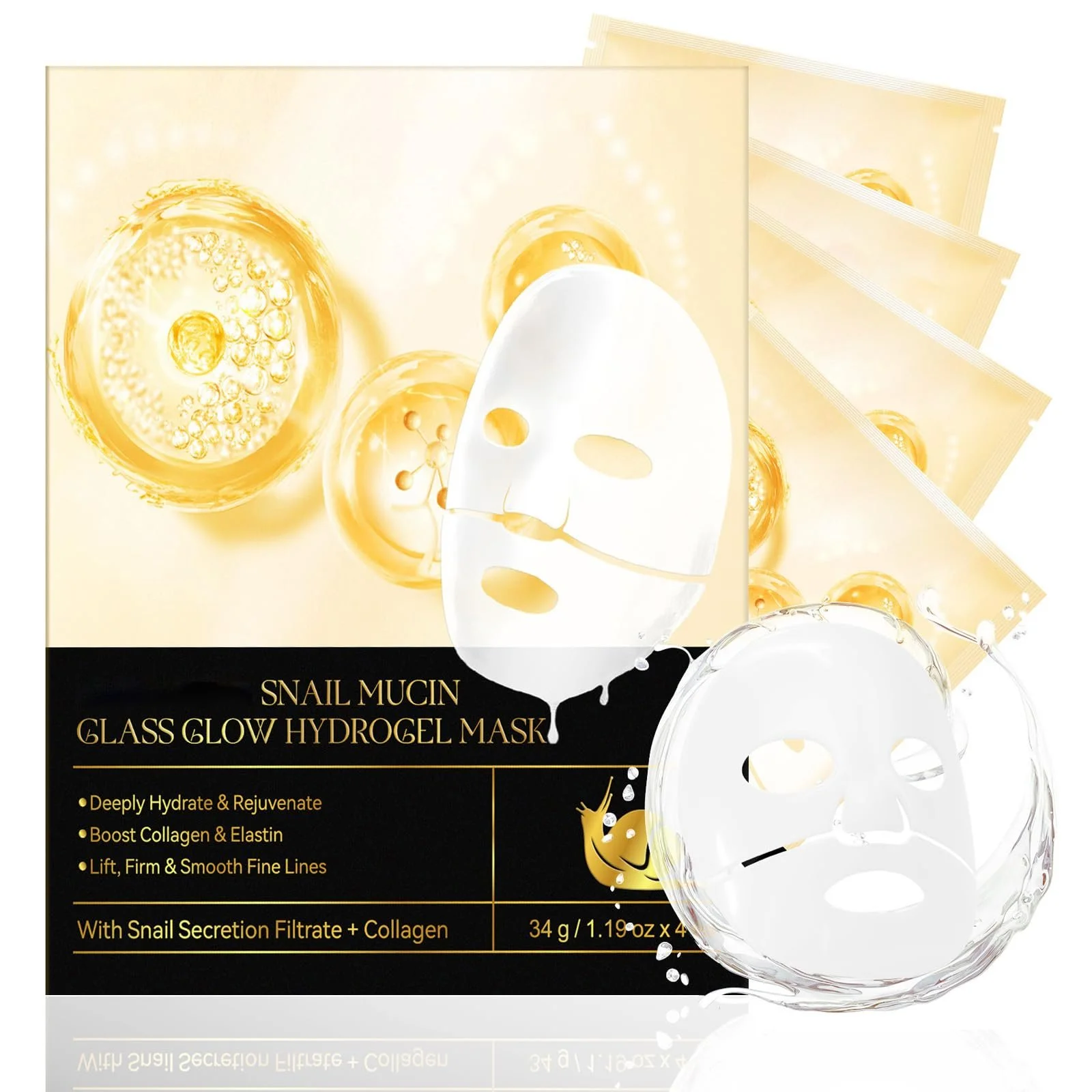 Гидрогелевая маска для лица Snail Mucin Glass Glow, 4 шт, Маска для лица из слизи улитки против морщин, Маска для стеклянной кожи для сухой кожи, Коллагеновая маска для увлажнения, Антивозрастная маска для всех типов кожи, фото №1