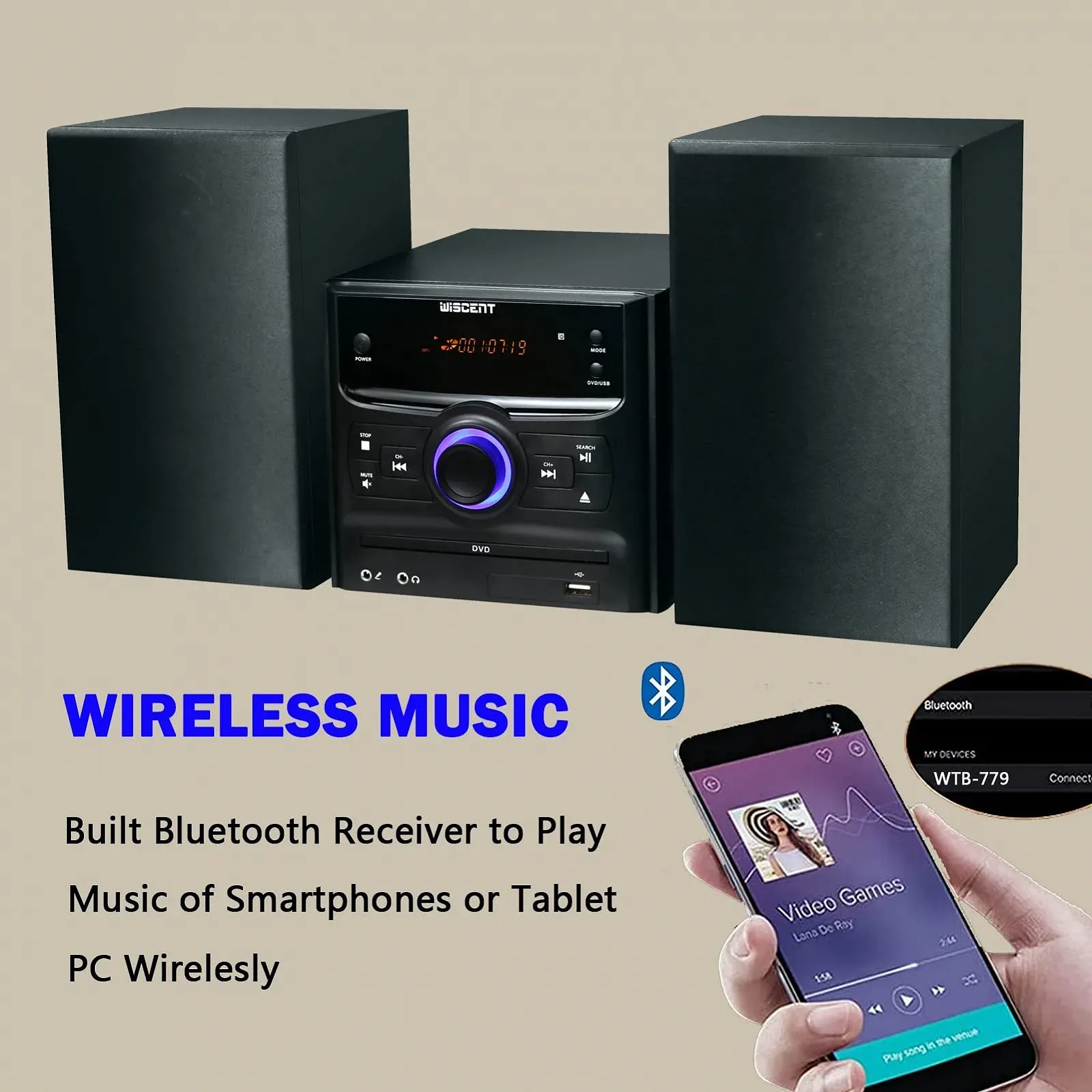 Hi-Fi система WISCENT 30 W с Bluetooth (CD-проигрыватель, DVD-проигрыватель, FM-радио, USB, AUX вход), фото №3 Hi-Fi система WISCENT 30 W с Bluetooth (CD-проигрыватель, DVD-проигрыватель, FM-радио, USB, AUX вход), фото №3