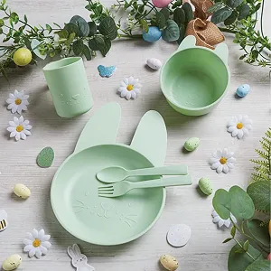 Набор детской посуды eBoutik Пасхальный 5 предметов: тарелка в форме забавного кролика, миска, вилка, ложка и чашка Зеленый - Фото 1