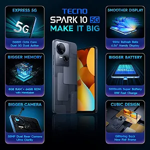 Смартфон Tecno Spark 10 5G 1612 x 720 HD+ 4GB RAM 64GB Octa-Core 50MP Meta Black synthetic.ua - Фото 1