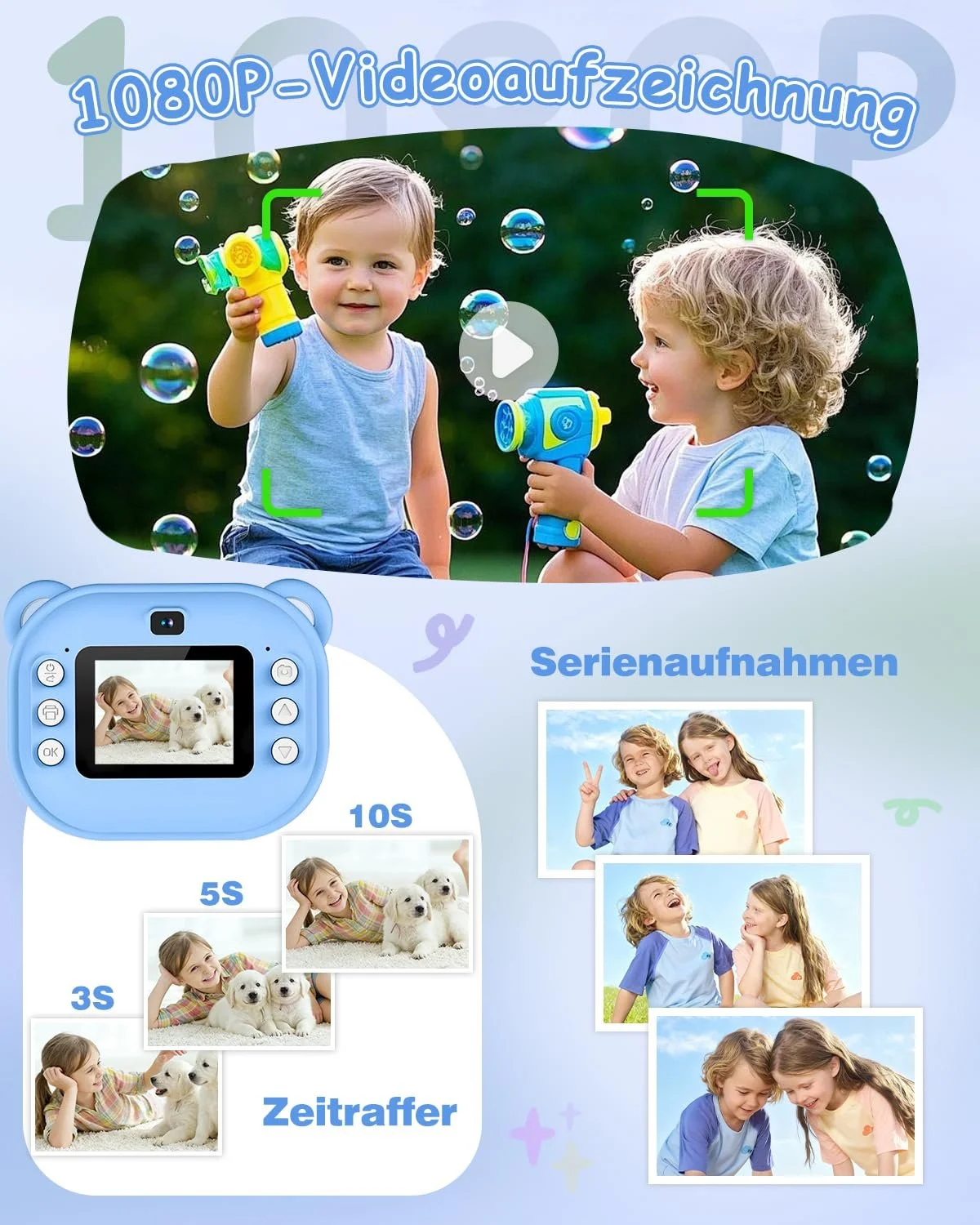 Фотокамера мгновенной печати Children's Camera 1080P Dual Lens 2" 32GB Blue, фото №3