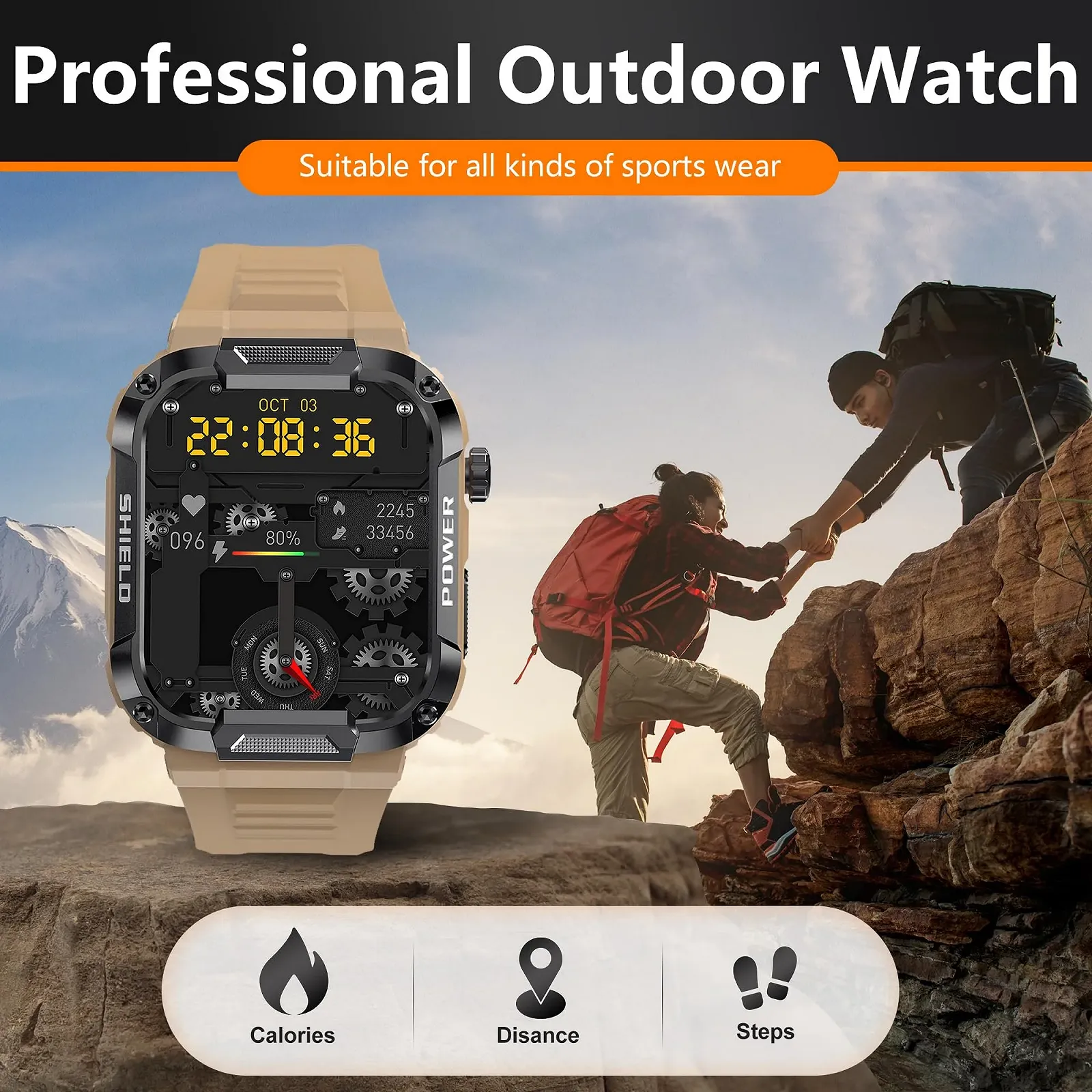 Смарт-часы Military Carneedi Мужские Спортивные Желтый, фото №6 Смарт-часы Military Carneedi Мужские Спортивные Желтый, фото №6