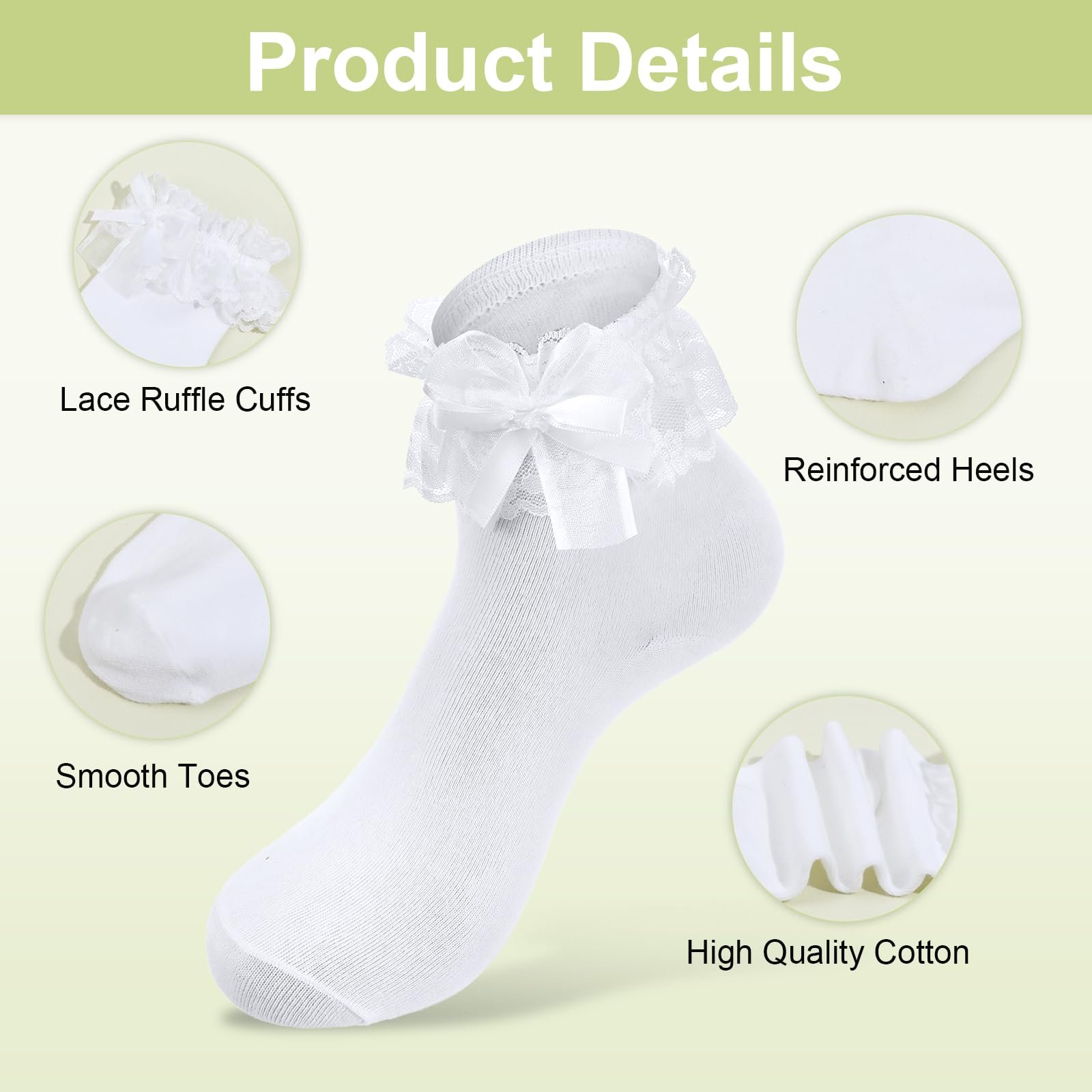 Носки с кружевом и бантами Teaaha, 2 пары, элегантные кружевные носки, дышащий хлопок, милые носки принцессы, белые, фото №4