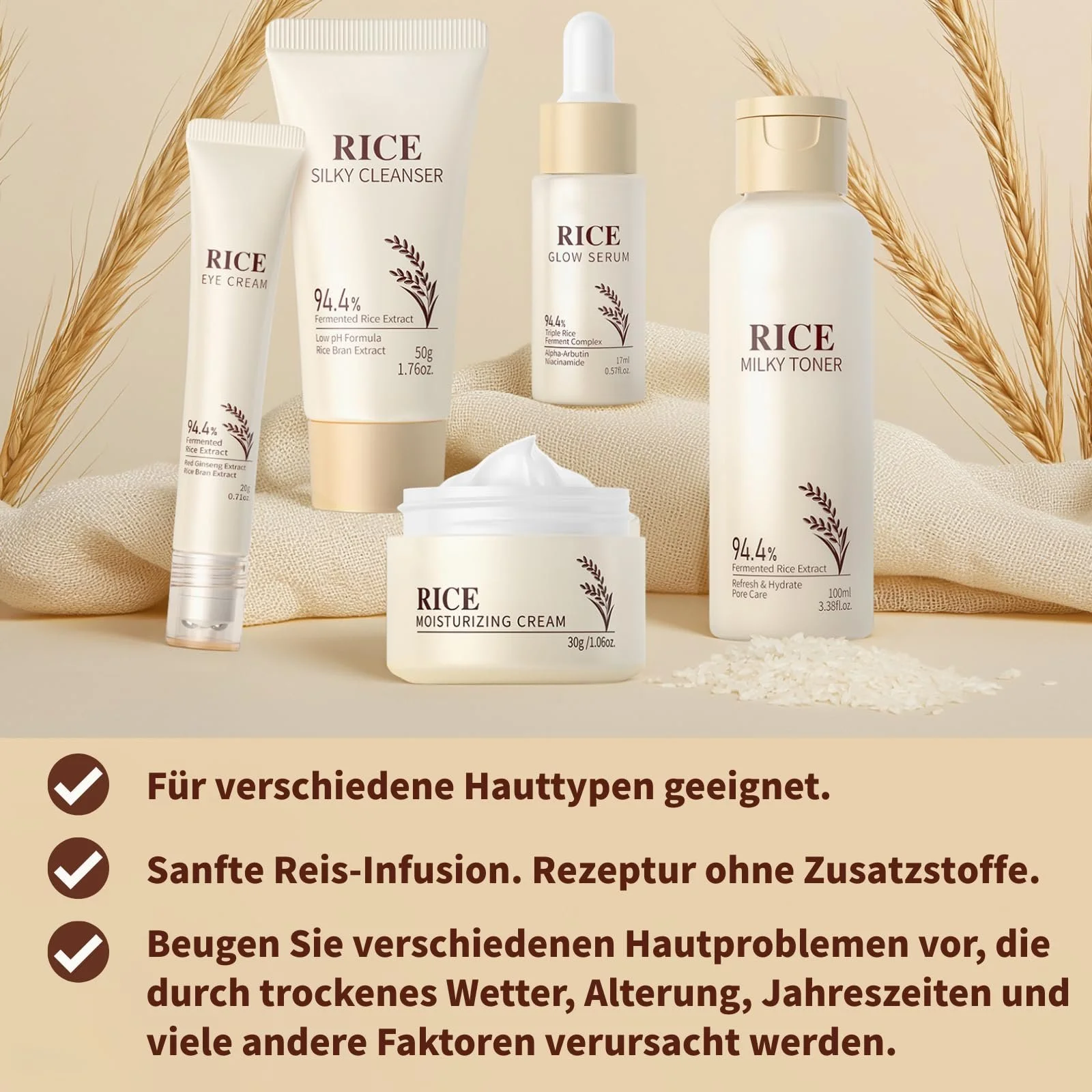 Набір для догляду за обличчям з рисом 5 предметів, набір для догляду за шкірою з рисом для жінок, фото №3