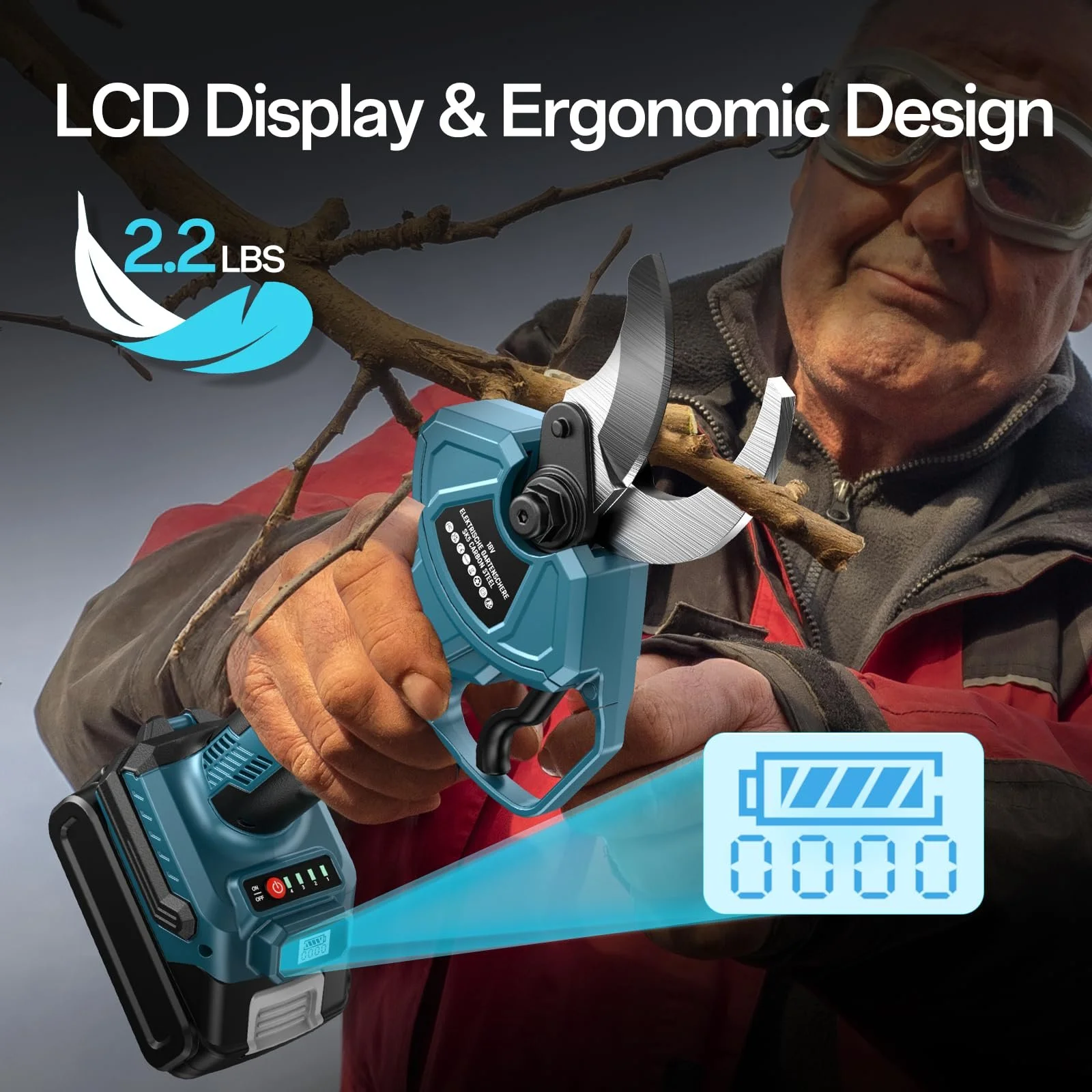 Секатор акумуляторний MIRTHBUY 18 V, 40 мм електричний, максимальне відкриття 65 мм, безщітковий двигун, РК-дисплей, для обрізки дерев (без акумулятора, без зарядного пристрою), фото №7