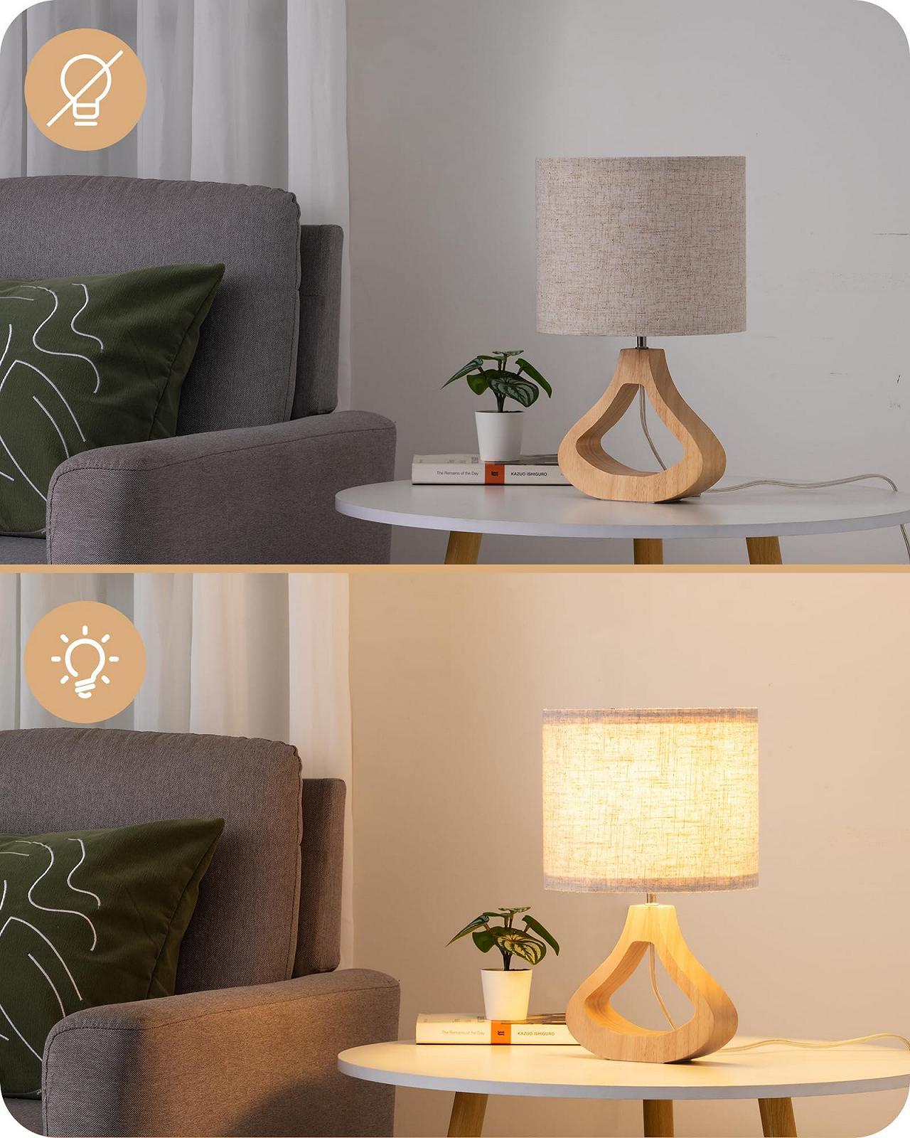 Настільна лампа EDISHINE дерев'яна E27 лляний абажур з кабелем вінтажна Клас F Бежева, фото №6