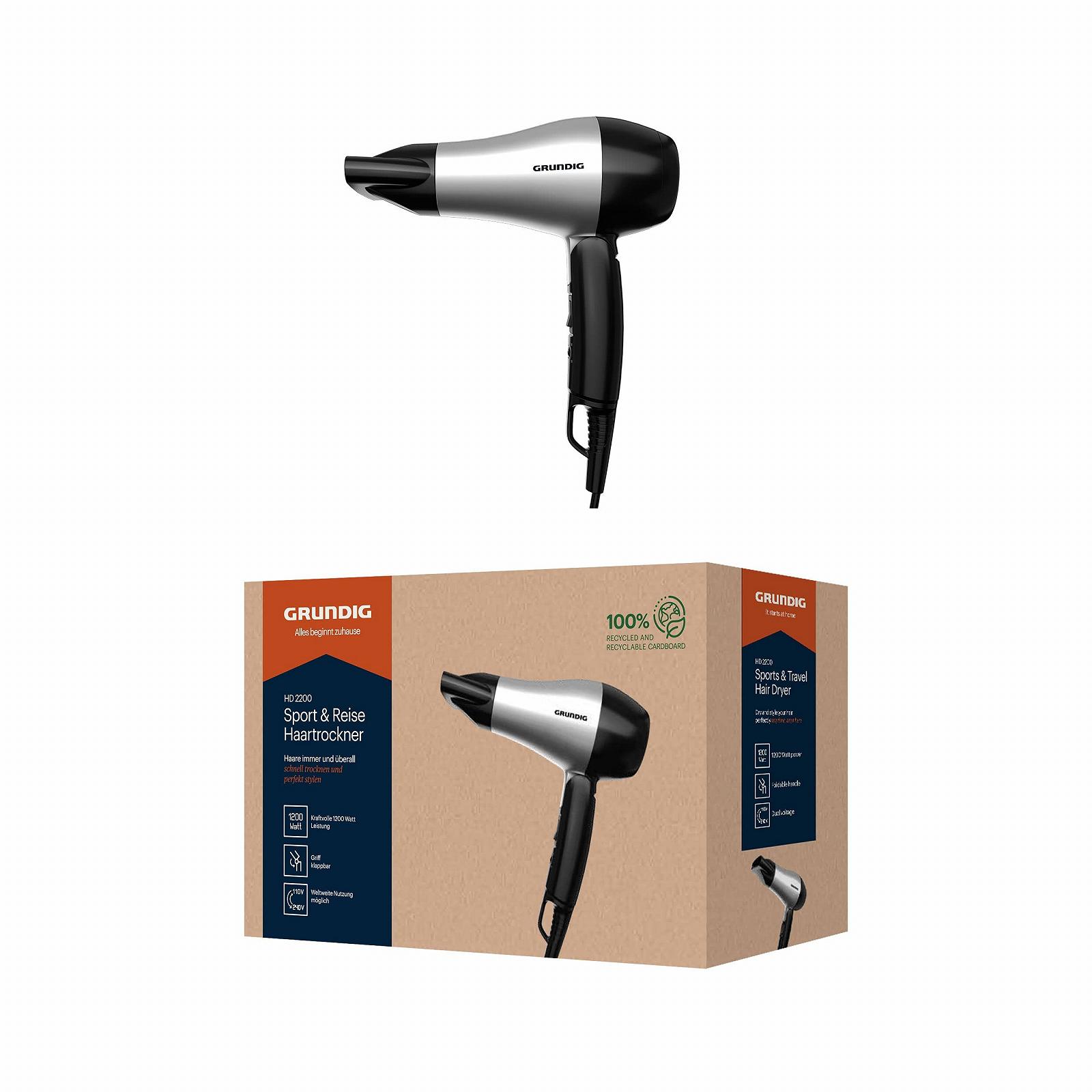 Фен Grundig Sports & Travel HD 2200, 1200 Вт, 2 уровня температуры, 2 уровня воздушного потока, кабель 1,8 м, выдвижная ручка, очень легкий, для использования во всем мире, фото №1