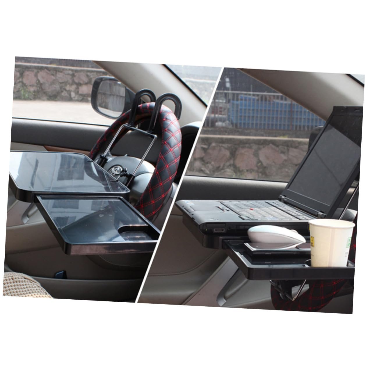 Автомобільний складаний столик-підставка для ноутбука з підсклянником для заднього сидіння з висувним ящиком для роботи, подорожей та їжі в автомобілі, фото №4