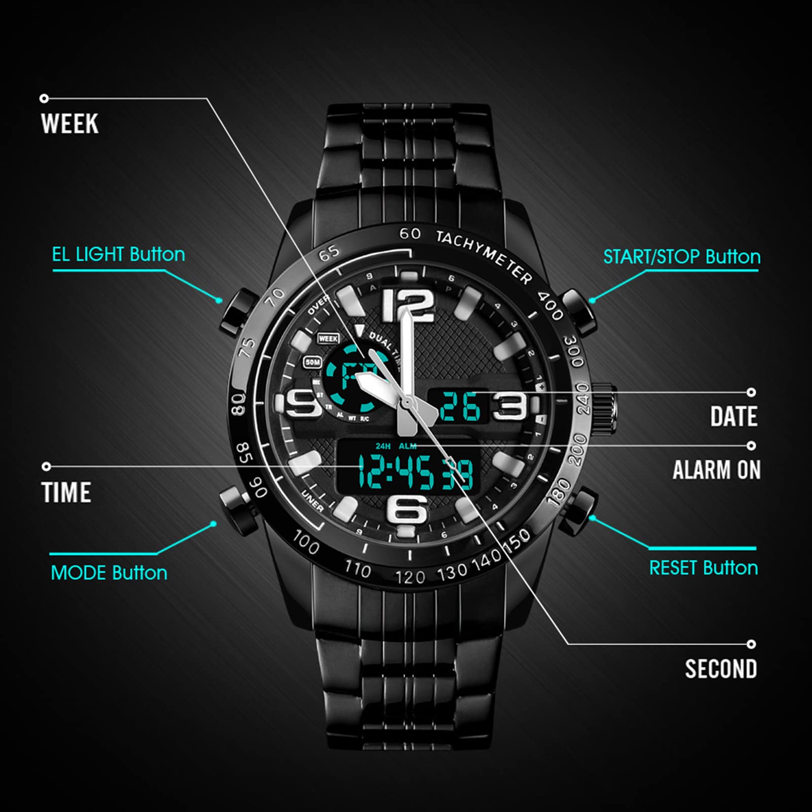 Мужские часы findtime из нержавеющей стали Цифровые Спортивные Водонепроницаемые с будильником датой двойным временем подсветкой секундомер Черный, фото №6