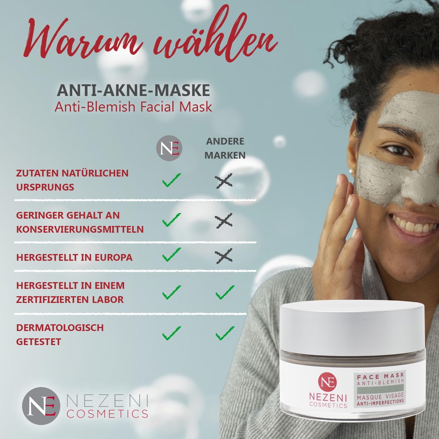 Маска для лица Nezeni от акне 60 мл, 14 активных ингредиентов, салициловая кислота, ниацинамид, азелаиновая кислота, чайное дерево и ним, веганская, для жирной и проблемной кожи, фото №4