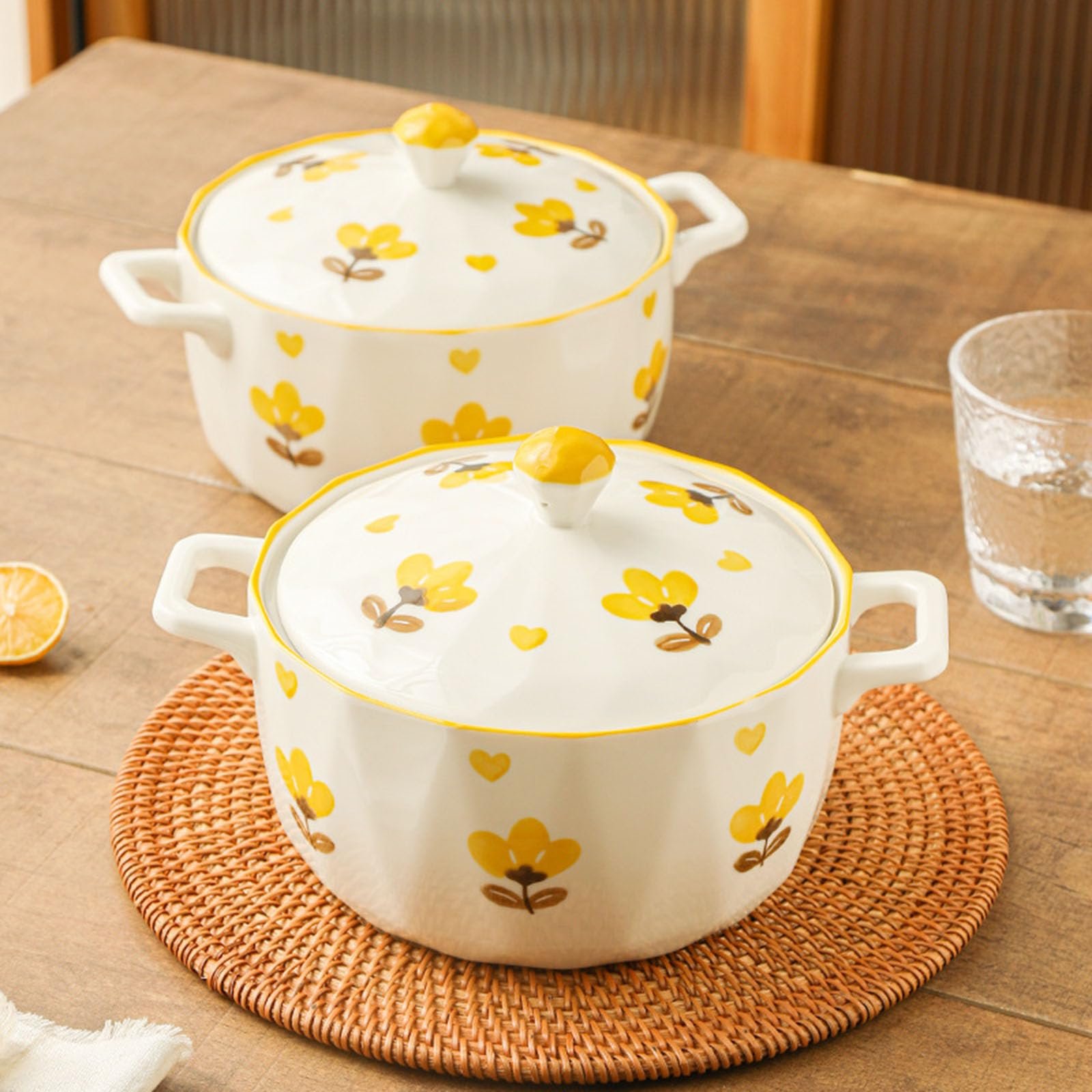 Форма для запекания керамическая круглая с крышкой и ручками Yellow Flower 1700 мл желтая, фото №7