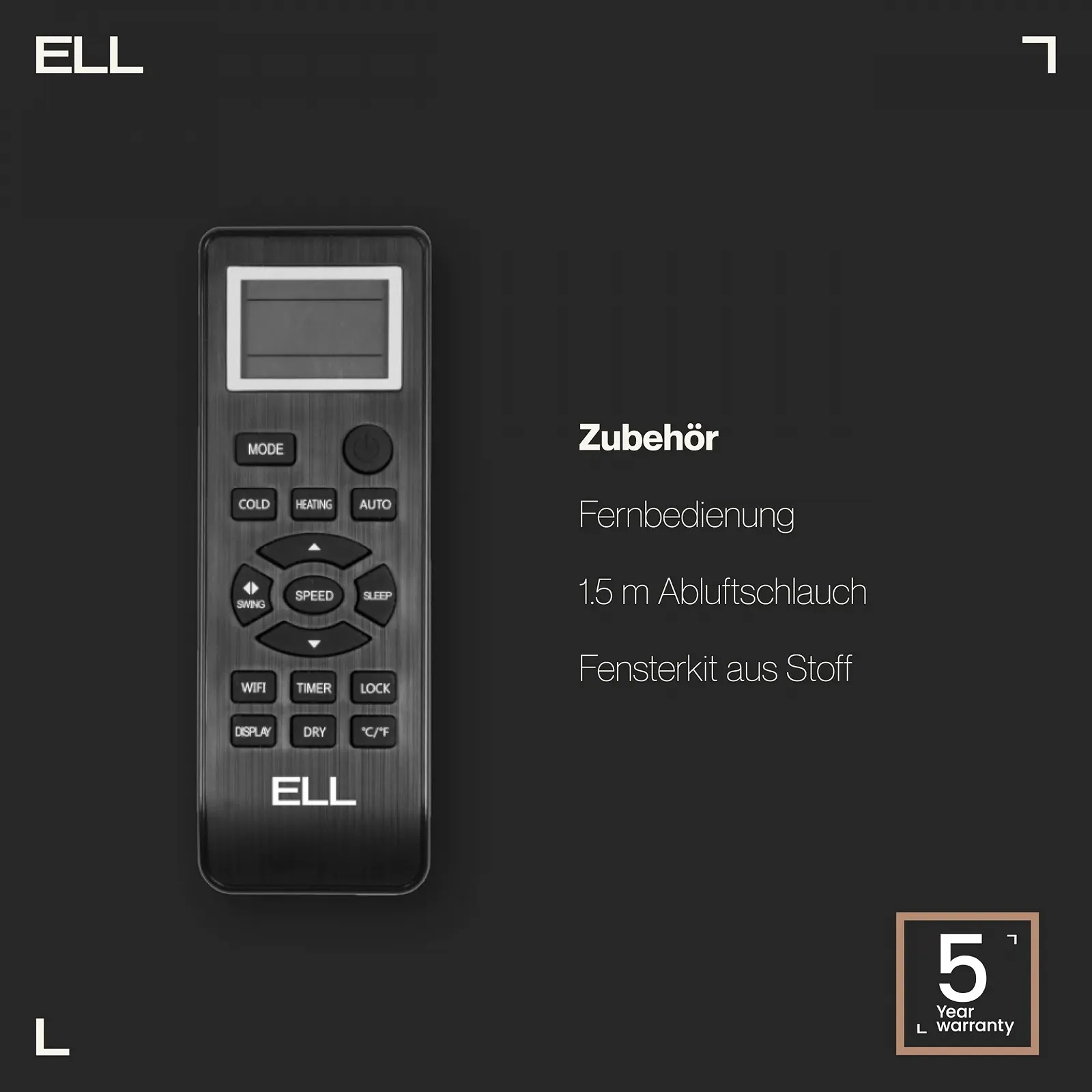 Мобільний кондиціонер 4-в-1 ELL Atmos 12000 BTU охолодження 9000 BTU обігрів Wi-Fi Сірий антрацит, фото №6