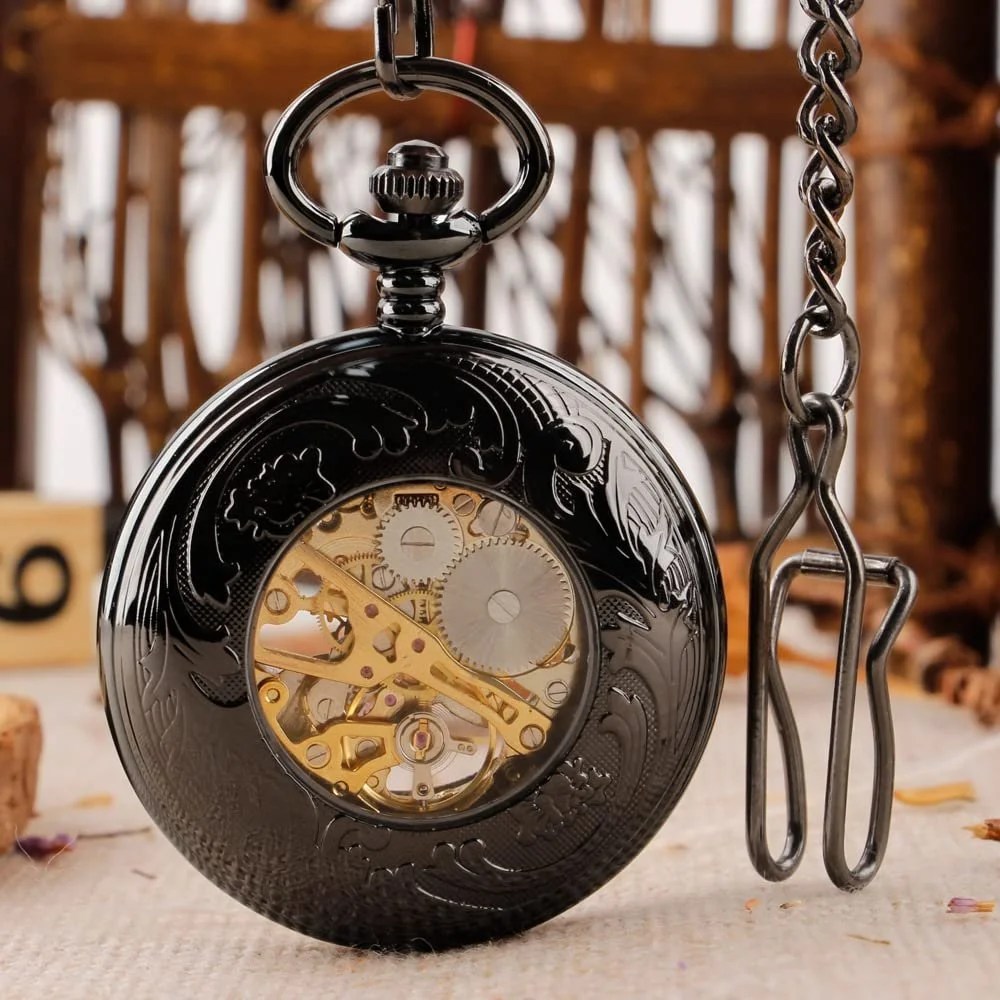 Кишеньковий годинник Механічний Tiong Вінтажний гладка сталь Скелетон Чорний, фото №9