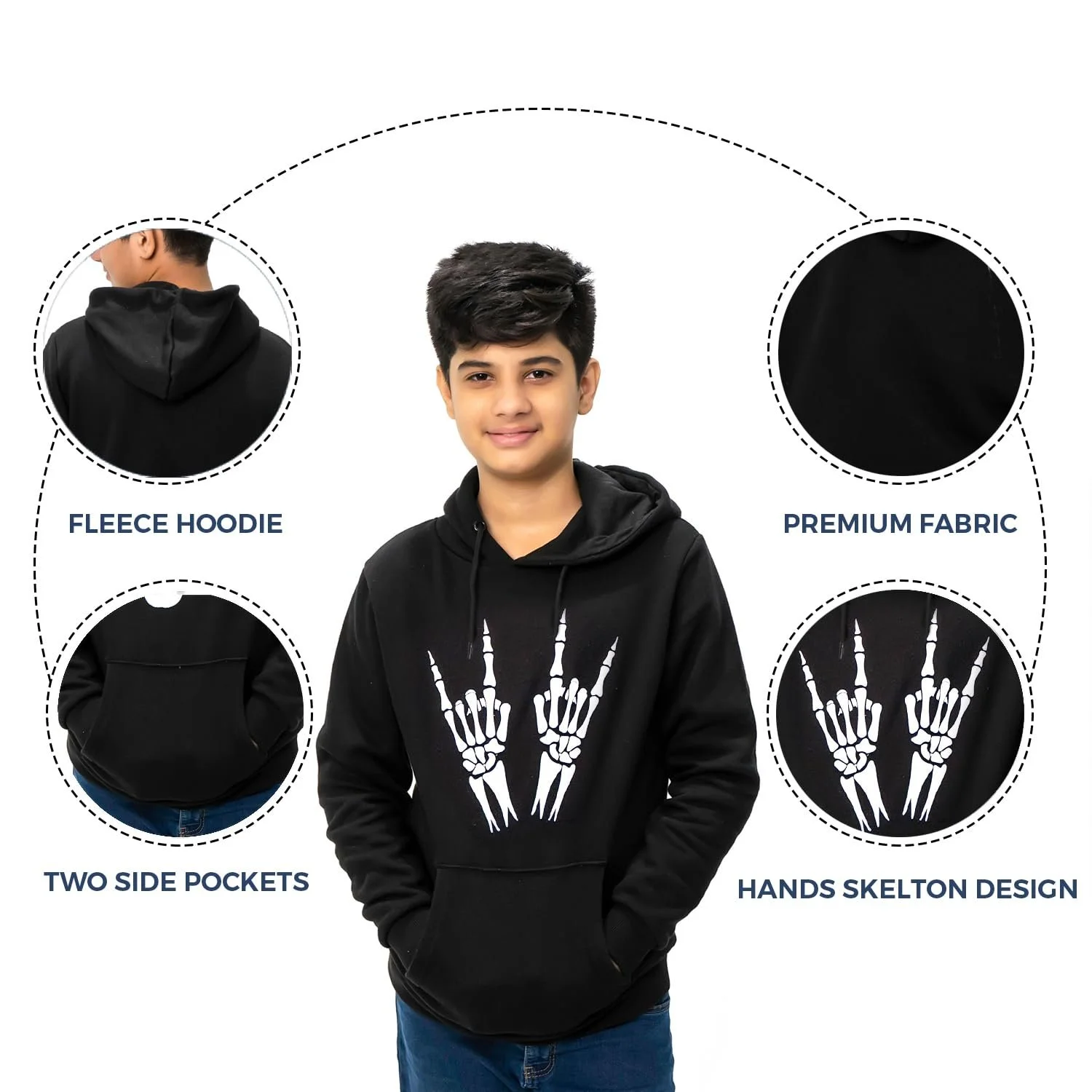 Худі NOROZE для хлопчиків, з капюшоном, малюнок - череп, скелет, руки, плеєр, фото №4