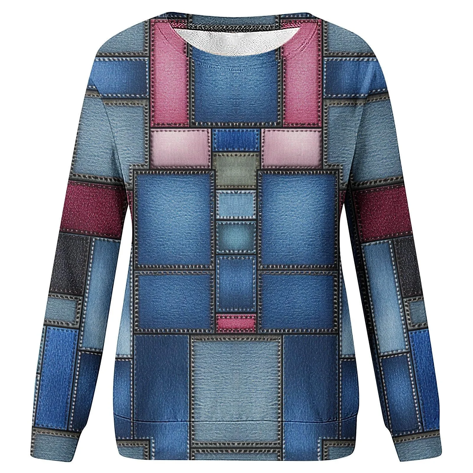 Свитшот Komiseup Oversize Y2K Пуловер Длинный рукав Круглый вырез Рубашка с длинными рукавами в клетку Флисовый пуловер 05, фото №4