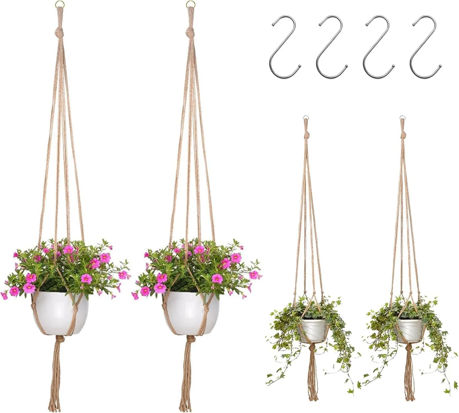 Підвіси для рослин макраме з джутової мотузки, 2 розміри, 4 шт., фото №1 Підвіси для рослин макраме з джутової мотузки, 2 розміри, 4 шт., фото №1