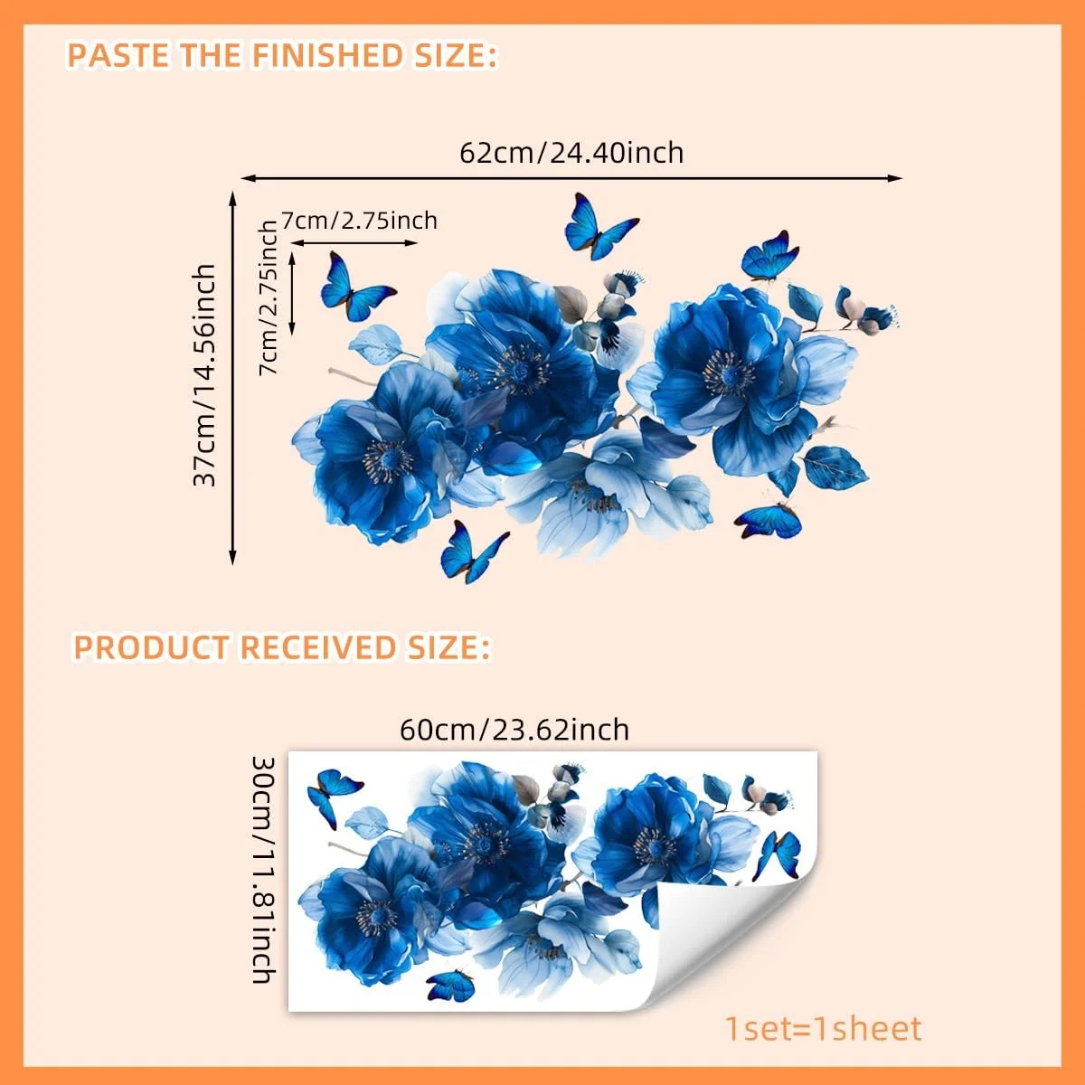 Наклейка на стіну Blue Floral Butterfly Romantic Flower Botanical Vinyl Блакитна, фото №4 Наклейка на стіну Blue Floral Butterfly Romantic Flower Botanical Vinyl Блакитна, фото №4