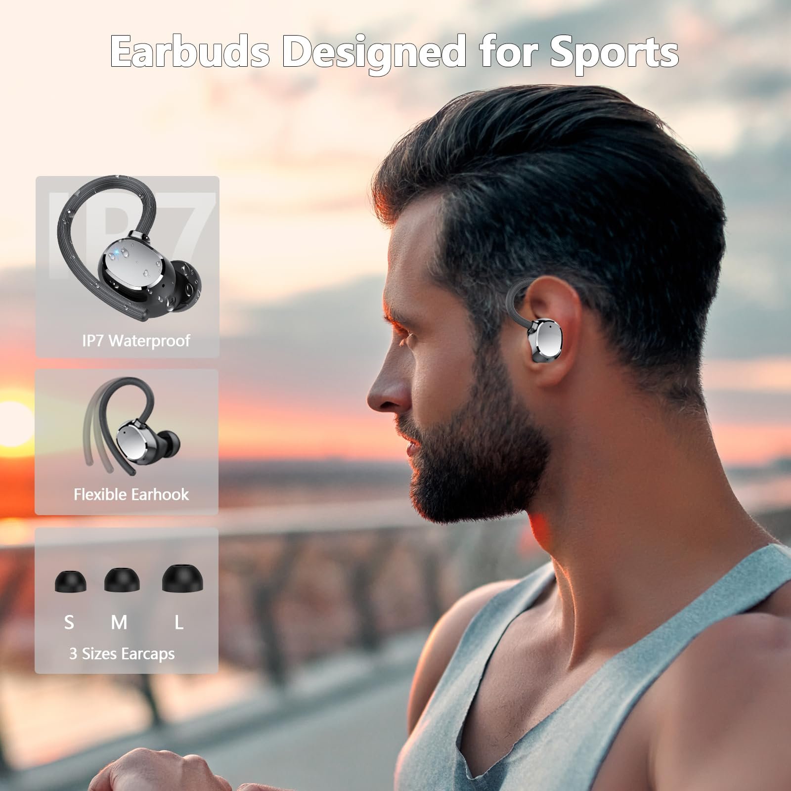 Bluetooth наушники спортивные 2025 In-Ear Wireless Bluetooth 5.3 с 4 ENC микрофонами шумоподавления, IP7 водонепроницаемые, 128 часов воспроизведения, фото №7