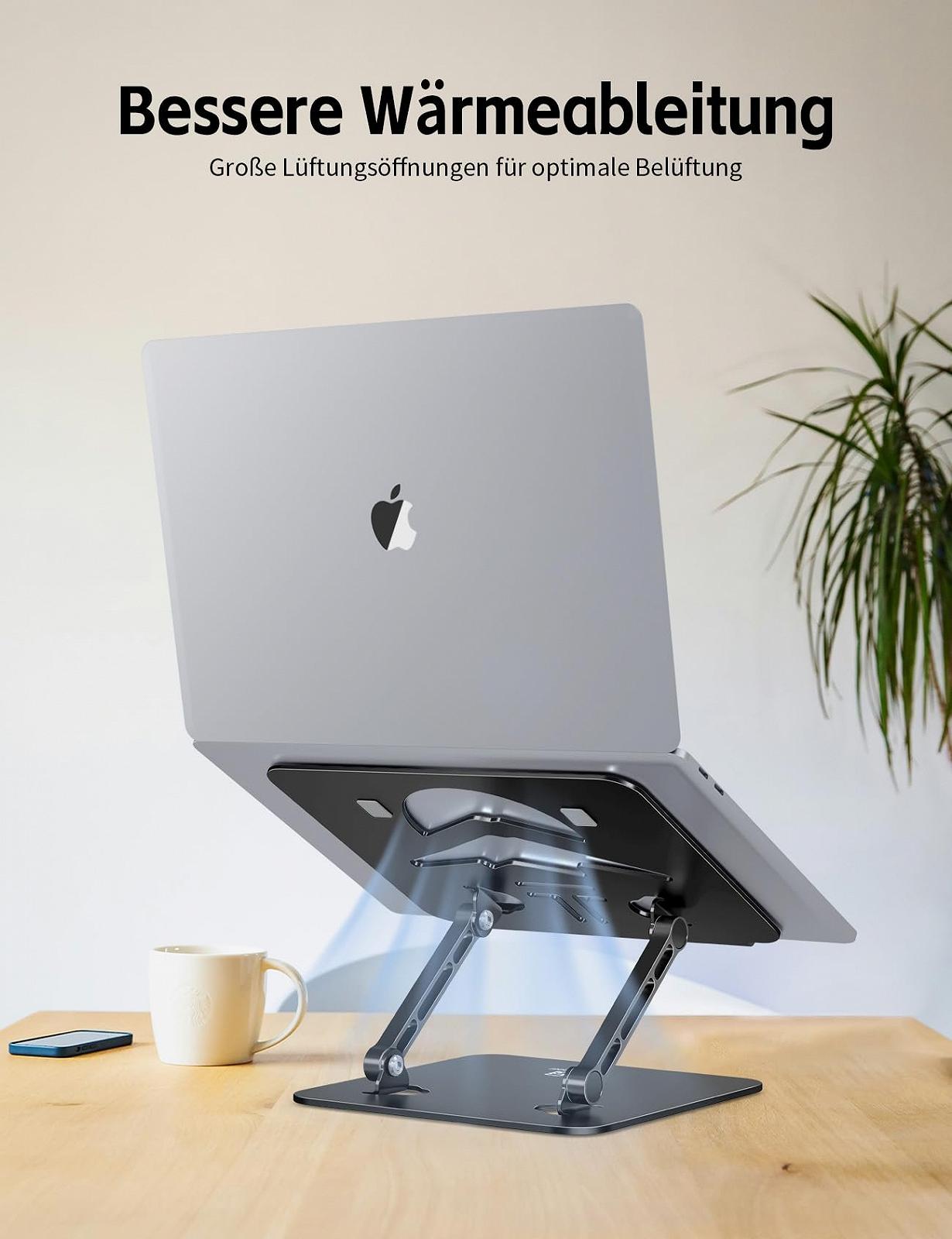 Підставка для ноутбука алюмінієва ергономічна, регульована по висоті та складна, стабільна та нековзка, покращена вентиляція, сумісна з MacBook (до 15,6 дюймів), чорна, фото №5