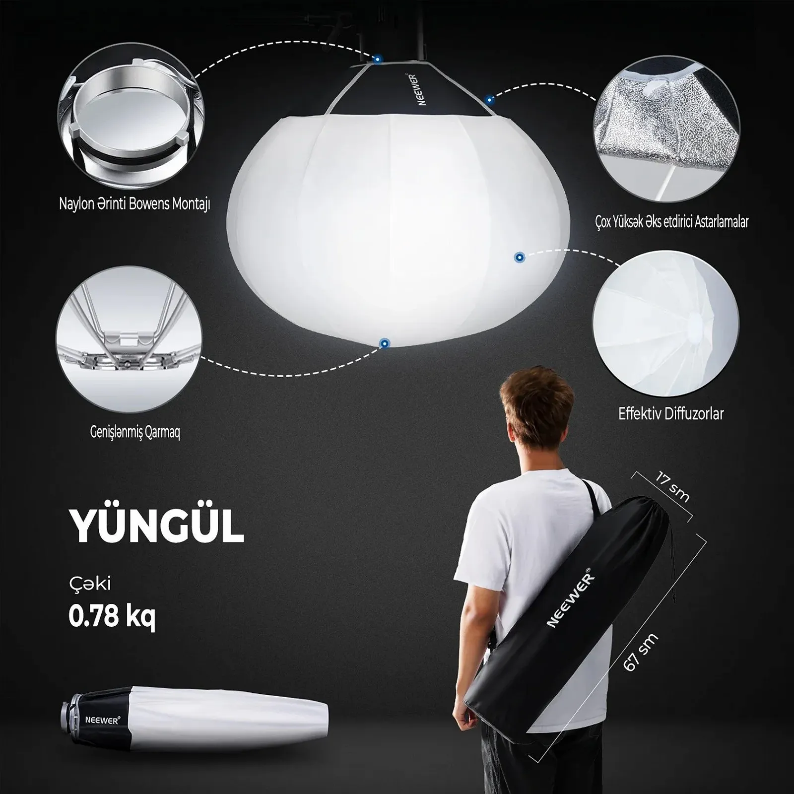 Сферичний софтбокс Neewer NS26L 26" Білий, фото №8 Сферичний софтбокс Neewer NS26L 26" Білий, фото №8