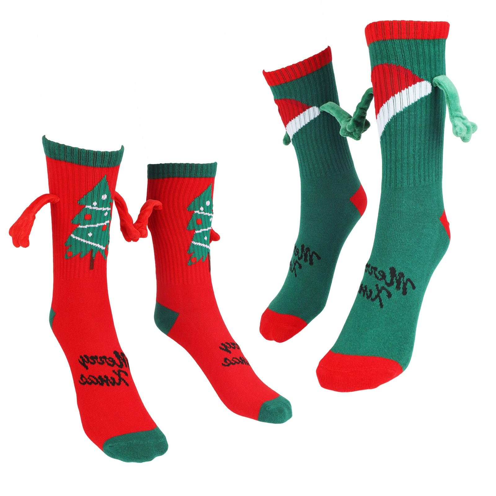 Носки Рождественские 2 пары, узор Руки, Шапка Санты и Ёлка, Магнитные носки для мужчин и женщин, праздничные для пар, фото №1