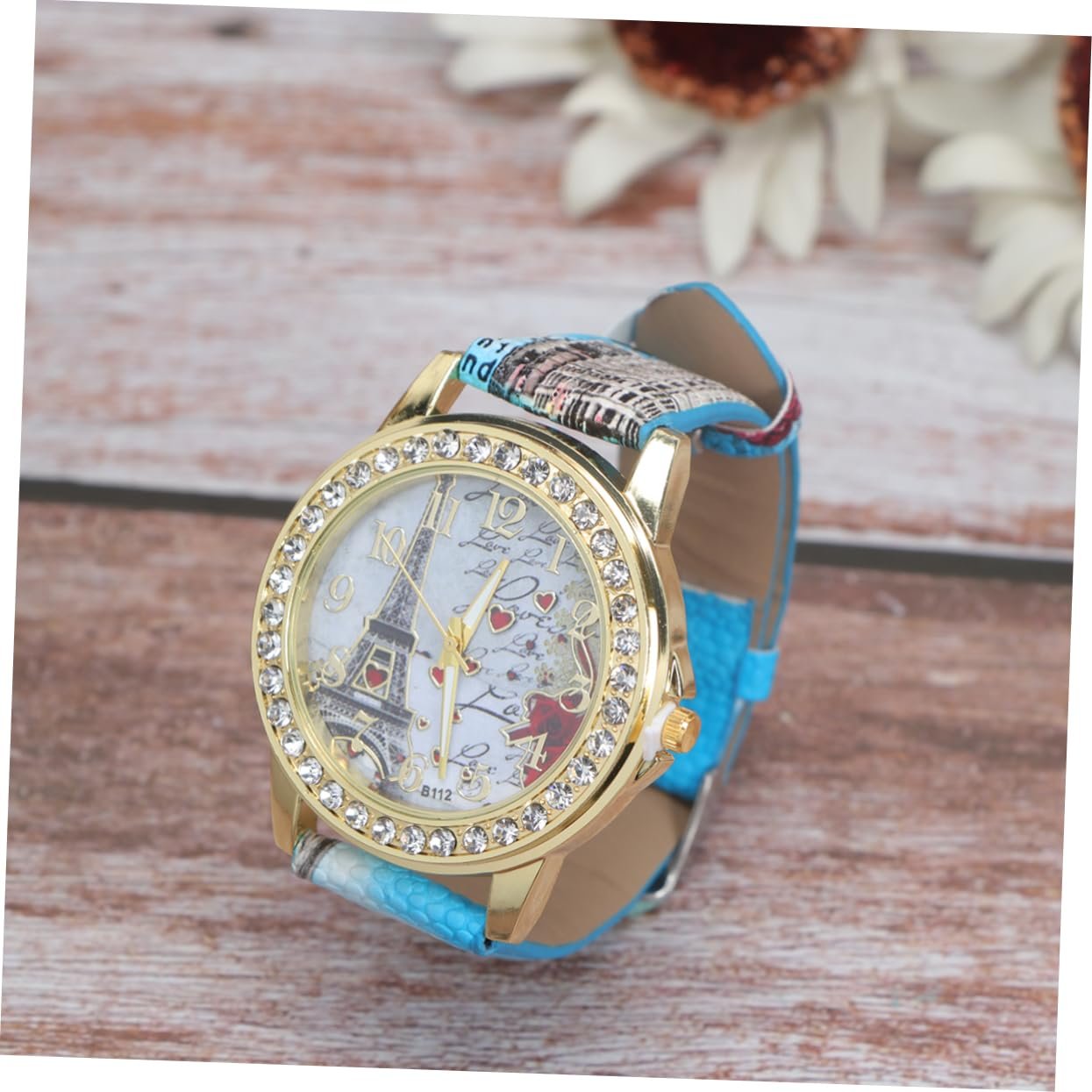 Женские часы PartyKindom с PU кожаным ремешком, регулируемыми стразами и мотивом сердца, аналоговые кварцевые часы, синий, фото №9