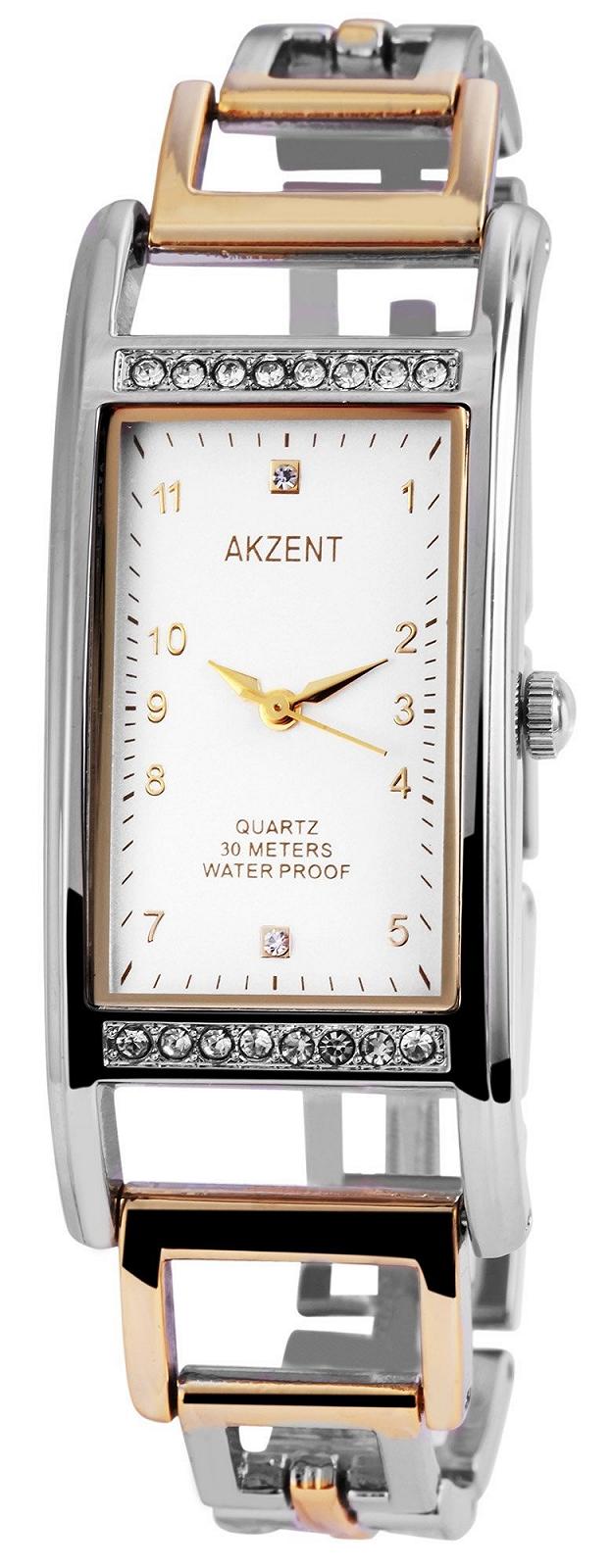 Часы женские Akzent Металлический Ремешок Аналоговый Кварцевый Двухцветный SS8723000003, Серебристый Розовое Золото, Браслет, фото №1