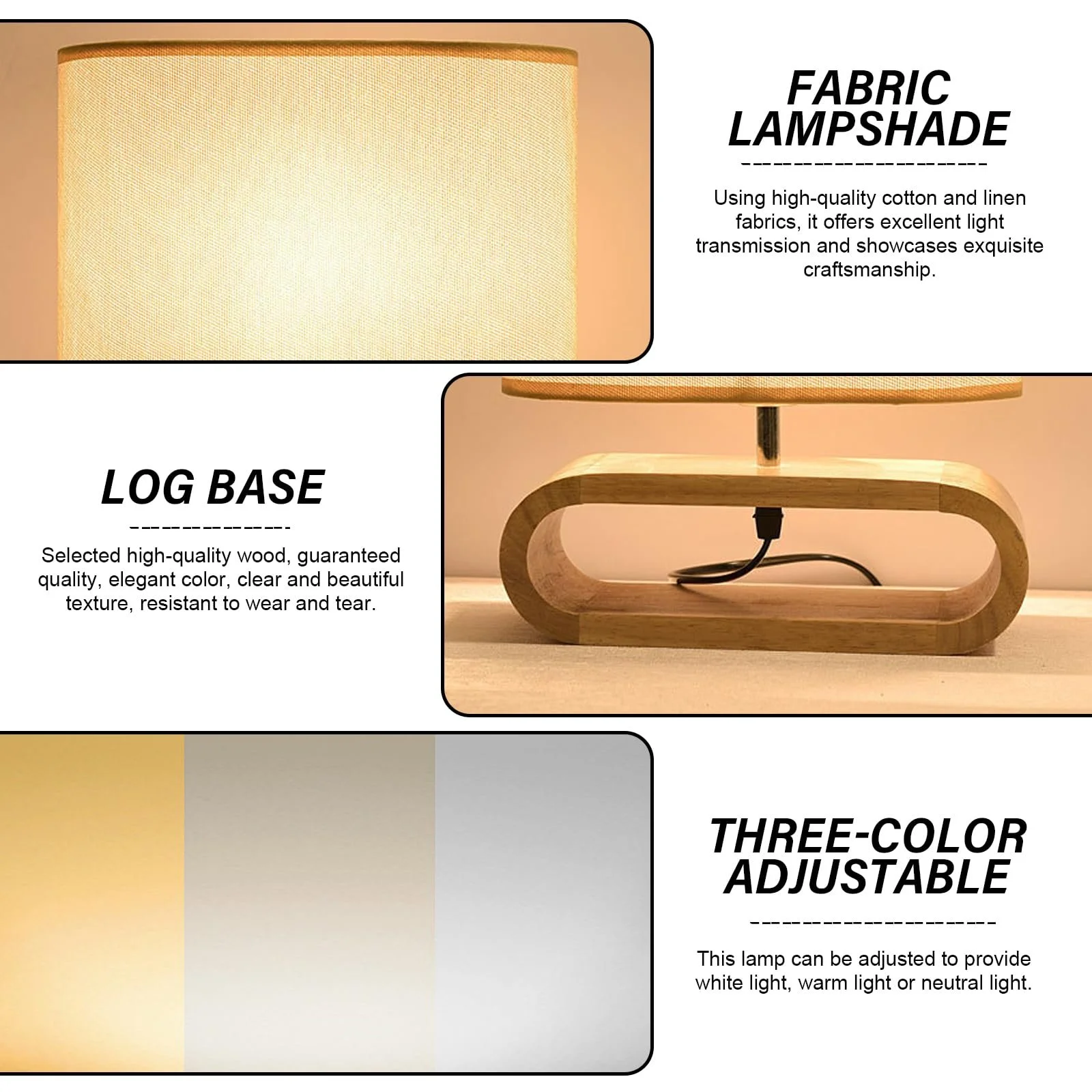 Настільна лампа LED дерев'яна основа лляний абажур 3 режими E27, фото №4