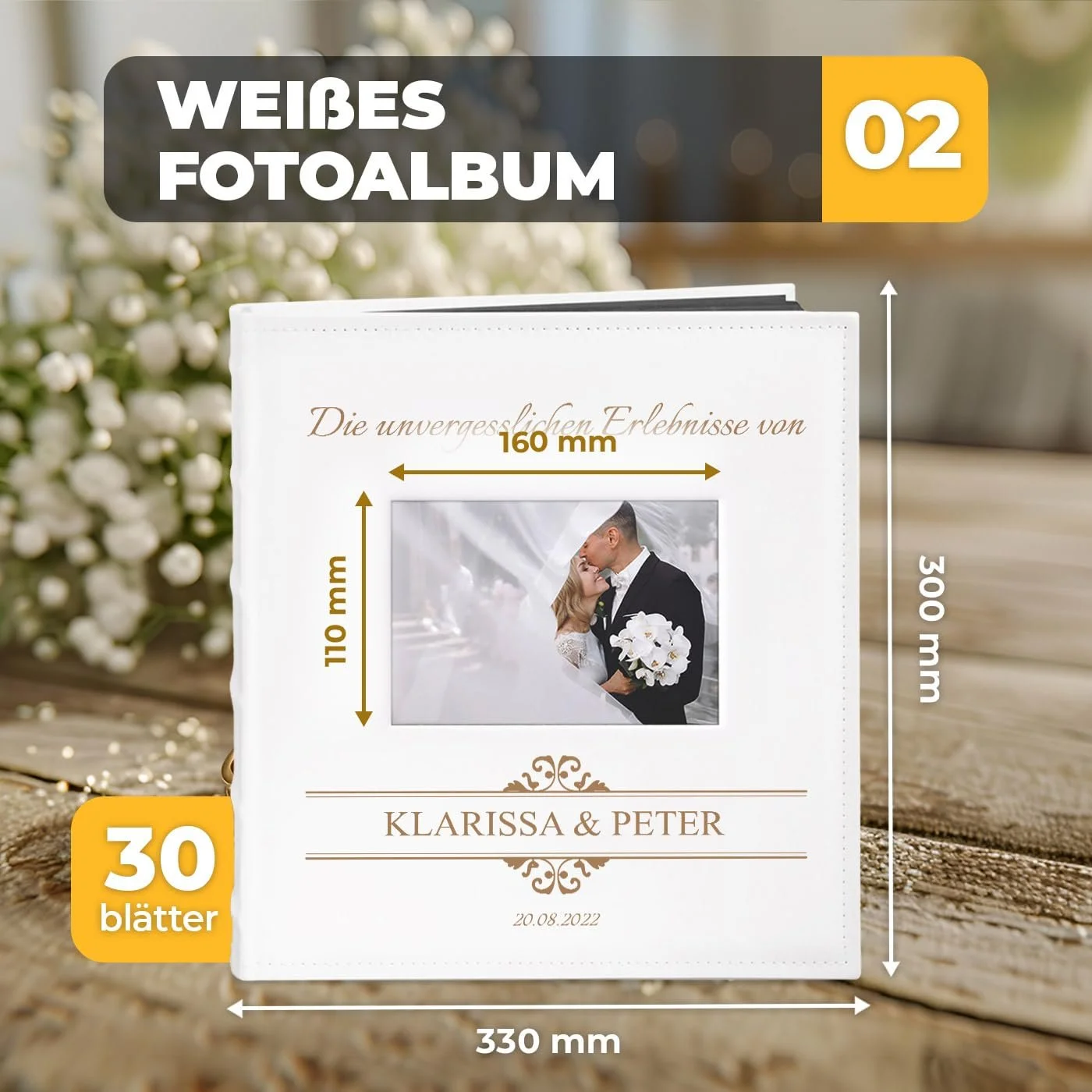 Фотоальбом Murrano для DIY с вырезом для фото + гравировка - на 240 фотографий формата 10 x 15 см - 60 черных страниц - размер 33 x 30 см - белый - подарок на годовщину свадьбы, фото №3