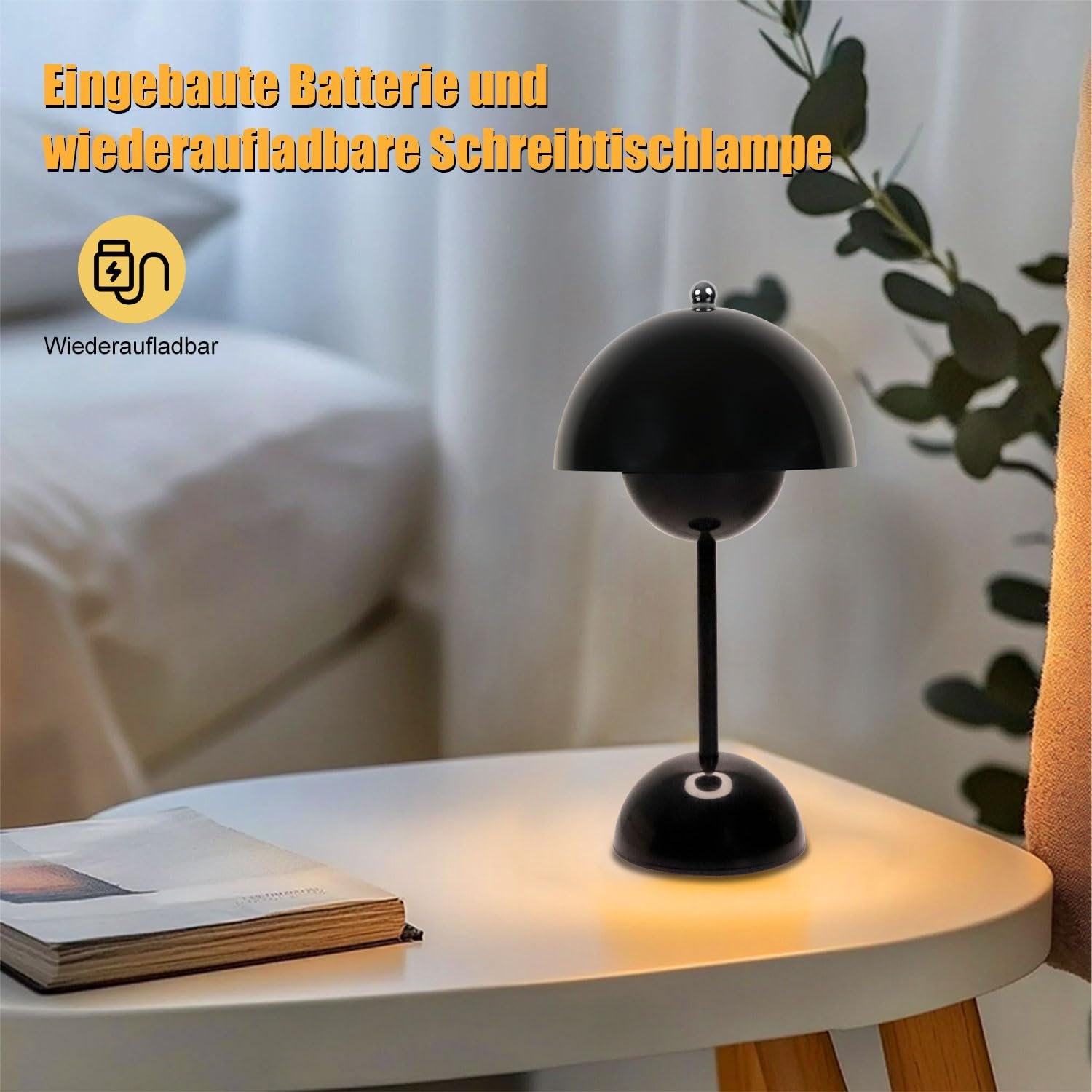 Світлодіодна настільна лампа EXTRASTAR Flowerpot грибоподібна сенсорна бездротова 3 колірні температури USB чорна, фото №2