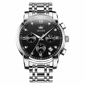 Часы OLEVS Хронограф Кварцевые Аналоговые Мужские С Датой Бриллиант Светящиеся Серебристый - Фото 1