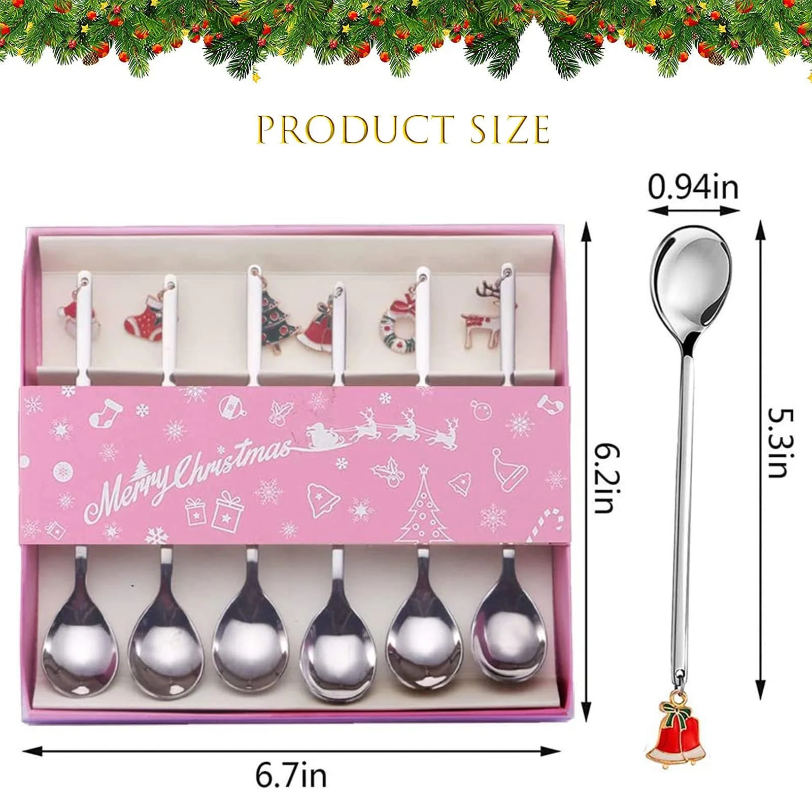 Ложки для кофе Рождественские, Набор 6 шт, Ложки для десерта, Ложки для смешивания, Чайные ложки, с Рождественским кулоном, Елка, Шляпа лося, Колокольчики для чая, Упаковка в подарочной коробке Серебряный, фото №7