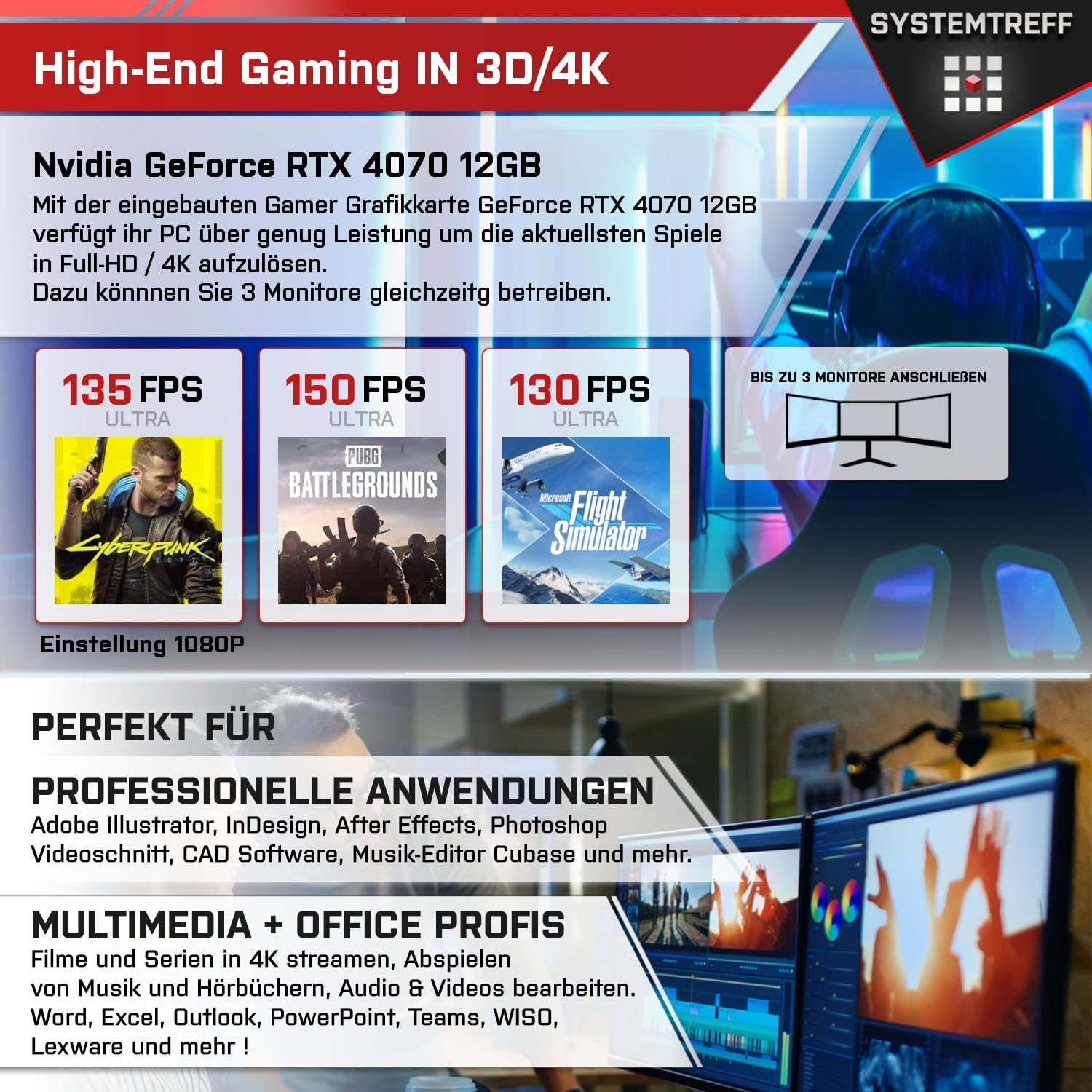 Комплект ПК SYSTEMTREFF Gaming Intel Core i9-12900KF 16x5.2GHz Nvidia GeForce RTX 4070 12GB DX12 1TB M.2 NVMe 32GB DDR5 RAM WLAN Десктоп Компьютер для геймеров, фото №5