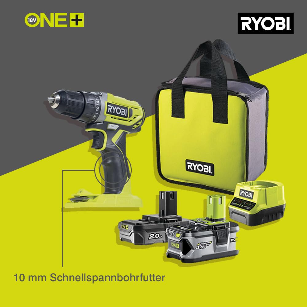 Дрель аккумуляторная RYOBI ONE+ R18DD2-242S 18 В 2-скоростная 40 Нм 24 уровней крутящего момента патрон 10 мм 1x4.0Ah 1x2.0Ah батарея зарядное устройство в сумке для инструментов, фото №3 Дрель аккумуляторная RYOBI ONE+ R18DD2-242S 18 В 2-скоростная 40 Нм 24 уровней крутящего момента патрон 10 мм 1x4.0Ah 1x2.0Ah батарея зарядное устройство в сумке для инструментов, фото №3